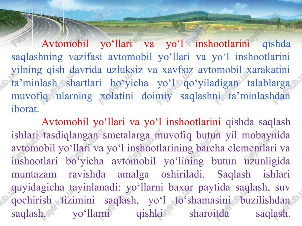 ya’ni muzlamaslikka qarshi kimyoviy moddalar va boshqalar. muxofaza chora-tadbirlar: yo‘lga kelayotgan qor va muz oqimini maxsus to‘siqlar yordamida kamaytirish. tozalash bo‘yicha chora-tadbirlar: xamma yo‘llarda qordan tozalanish o‘sha zaxotiyoq boshlanadi. tozalash ishlarini olib borayotganda, bir vaqti o‘zida xam qatnov qismidan xam yo‘l chetidan qorni tozalash kerak, bunda yo‘l chetida qor uyumlari to‘dalanib qolmasligini xisobiga olish zarur. tozalash usulini xosil bo‘lgan qor qatlamini balandligiga qarab, qordan tozalash tezligi tanlab olinadi, bunda muvofiq ravishda qor tozalash mashinalari tanlanadi. xamma qor tozalash mashinalari uzoq muddat ishlashi uchun mo‘ljallangan bo‘lishi kerak. buning uchun ularni kabinalari issitilishi va ko‘rinish yaxshi bo‘lishi uchun sharoit yaratib berish anjomlari o‘rnatilishi lozim. qish vaqtida yo‘l qoplamalari sirpanchiq bo‘lib koladi, chunki ular muz qatlami yoki zichlanganroq qatlam bilan yopilgan bo‘ladi. shinaning muzlangan qoplama bilan tishlanish koeffitsienti 0,05-0,08 gacha kamayadi. qishda qoplama sirpanchiqligi juda ko‘p yo‘l transport xodisalari sababchi bo‘ladi. ko‘p xollarda yo‘l sharoiti tufayli katta moddiy zarar kelib chiqadi. xarakat tezligi …