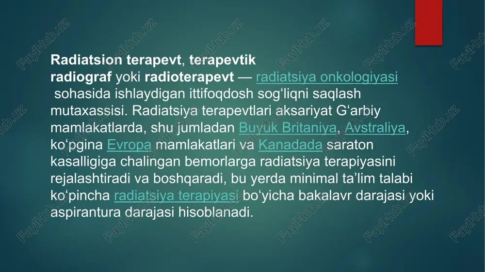 adi. radiatsiya terapiyasining maqsadi patologik markazni tashkil etuvchi hujayralarni, masalan, oʻsimtani yoʻq qilishdir. hujayralar oʻlimining asosiy sababi, bu toʻgʻridan-toʻgʻri parchalanishni anglatmaydi(nekroz, apoptoz), lekin inaktivatsiya (boʻlinishni toʻxtatish), ularning dnksi buzilishi hisoblanadi. dnkning shikastlanishi toʻgʻridan-toʻgʻri dnk atomlarining ionlanishi natijasida molekulyar bogʻlanishlarning yoʻq qilinishi natijasida ham, bilvosita hujayra sitoplazmasining asosiy komponenti boʻlgan suvning radiolizi natijasida ham boʻlishi mumkin. ionlashtiruvchi nurlanish peroksid va erkin radikallarni hosil qilish uchun suv molekulalari bilan oʻzaro taʼsir qiladibu dnkga taʼsir qiladi. bundan muhim natija shundan kelib chiqadiki, bu tajribada tasdiqlanganki, hujayra qanchalik faol boʻlinsa, nurlanishning unga zararli taʼsiri shunchalik kuchli boʻladi. saraton hujayralari faol boʻlinadi va tez oʻsadi; odatda, suyak iligi hujayralari xuddi shunday faollikka ega. shunga koʻra, agar saraton hujayralari atrofdagi toʻqimalarga qaraganda faolroq boʻlsa, u holda radiatsiyaning zararli taʼsiri ularga jiddiyroq zarar keltiradi. bu oʻsimta hujayralarini va katta hajmdagi sogʻlom toʻqimalarni bir xil nurlantirish bilan radiatsiya terapiyasining samaradorligini aniqlaydi, masalan, mintaqaviy limfa tugunlarining profilaktik nurlanishi bilan.. …