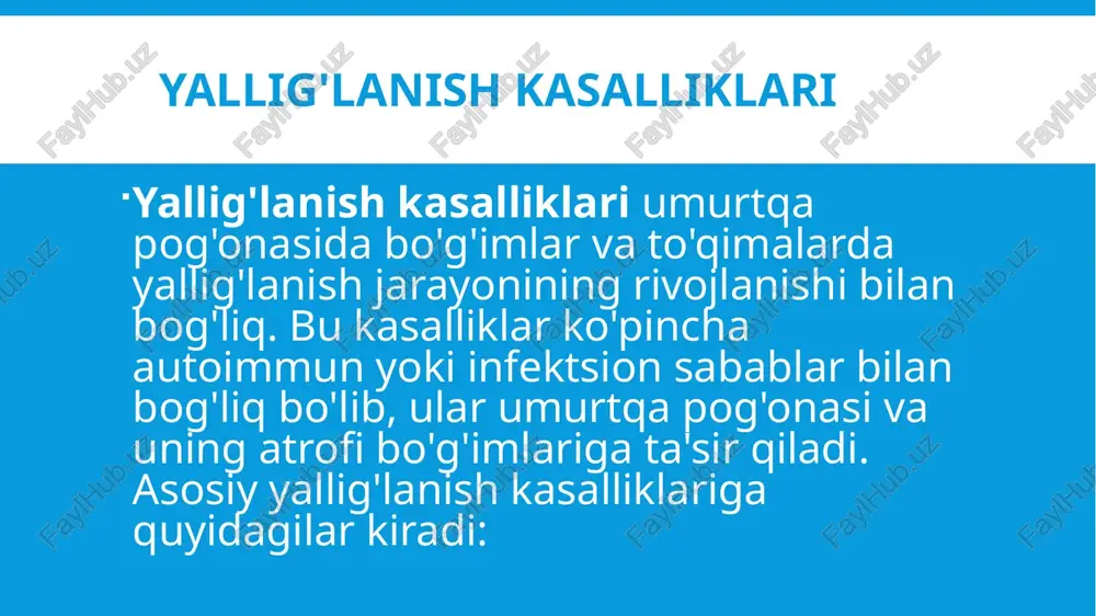 psoriazga oid teri o'zgarishlari bilan birga bo'g'imlarda og'riqlar. suyakda yallig'lanish va deformatsiyalar. radiologik belgilari: rentgenogrammada suyak o'zgarishlari va ankiloz paydo bo'lishi mumkin. degenerativ-distrofik kasalliklar degenerativ-distrofik kasalliklar umurtqa pog'onasidagi bo'g'imlar va disklarning tabiiy yoshga bog'liq o'zgarishi yoki ortiqcha yuklanish tufayli yuzaga keladi. bu kasalliklar suyaklar va bo'g'imlarning normal tuzilishini buzadi, natijada ular deyarli doimiy va qaytarib bo'lmaydigan o'zgarishlarga olib keladi. osteoxondroz osteoxondroz — umurtqa pog'onasidagi intervertebral disklarning degeneratsiyasi va silliqlanishi bilan bog'liq kasallikdir. bu kasallik ko'pincha bel va bo'yin orqa sohalarida og'riqlarni keltirib chiqaradi. belgilari: bo'yin, bel, va orqa sohalarda og'riqlar. harakatlanish cheklanishi, og'riqlar ko'pincha o'zgaradi. radiologik belgilari: rentgenogrammada disklarning silliqlanishi, osteofitlar va bo'shliqlarning torayishi ko'rinadi. mrtda disklarning siqilishi, bo'g'imlarning deformatsiyasi va nervlarning siqilishi (kompressiyasi) ko'rinadi. spondiloz spondiloz — bu umurtqa pog'onasidagi suyaklarning degeneratsiyasi va osteofitlar (suyak chiqindilari) paydo bo'lishi bilan tavsiflanadi. bu kasallik har bir umurtqa bo'g'imi va disklarni zararlaydi. belgilari: bo'yin va bel sohasida og'riqlar. yengil qattiqlik va harakatlanishdagi …