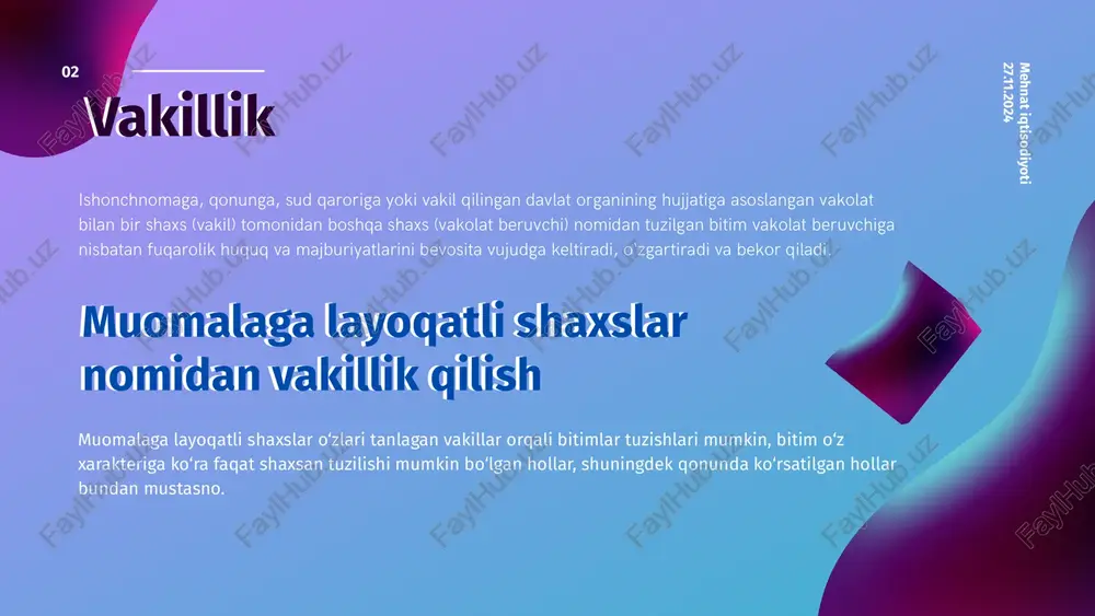 illik qilish uchun berilgan yozma vakolat ishonchnoma hisoblanadi. ishonchli vakil o‘ziga ishonchnoma bilan berilgan vakolatlar doirasida ish olib boradi. yuridik shaxs nomidan, shuningdek yuridik shaxsga ham ishonchnoma faqat yuridik shaxsning ustavida (nizomida) ko‘rsatilgan faoliyat maqsadlariga zid bo‘lmagan bitimlarni tuzish uchungina berilishi mumkin. ishonchnomaning shakli ishonchnoma oddiy yozma shaklda yoki notarial shaklda rasmiylashtiriladi. yuridik shaxsning ishonchnomasi yuridik shaxs nomidan beriladigan ishonchnoma rahbar tomonidan imzolanib, unga ushbu yuridik shaxsning muhri (muhr mavjud bo‘lgan taqdirda) bosiladi. mehnat iqtisodiyoti 27.11.2024 05 ishonchnomaning muddati ishonchnoma ko‘pi bilan uch yil muddatga berilishi mumkin. agar ishonchnomada muddat ko‘rsatilgan bo‘lmasa, u berilgan kundan boshlab bir yil mobaynida o‘z kuchini saqlaydi. berilgan kuni ko‘rsatilmagan ishonchnoma haqiqiy emas. notarius tomonidan tasdiqlanib, o‘zbekiston respublikasidan tashqarida harakatlarni amalga oshirishga mo‘ljallangan, amal qilish muddati ko‘rsatilmagan ishonchnoma uni bergan shaxs tomonidan bekor qilingunicha o‘z kuchini saqlaydi. fuqarolik kodeksi 27.11.2024 ishonchnomaning bekor bo‘lishi ishonchnomaning amal qilishi quyidagi hollarda bekor bo‘ladi: 1) ishonchnoma muddatining tamom bo‘lishi; …