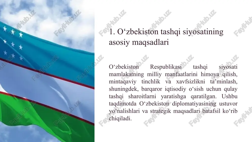 di. iqtisodiy diplomatiyani rivojlantirish. chet el investitsiyalarini jalb etish, eksportni oshirish, yangi bozorlarni o‘zlashtirish va transport-logistika yo‘laklarini rivojlantirish orqali iqtisodiy o‘sishga ko‘maklashish tashqi siyosatning muhim yo‘nalishlaridan biridir. madaniy-gumanitar aloqalarni mustahkamlash. o‘zbekiston xalqaro miqyosda madaniyatlararo muloqotni kengaytirish, o‘z milliy merosini targ‘ib etish, ta’lim va fan sohalarida hamkorlikni kuchaytirish orqali dunyo hamjamiyatida o‘zining ijobiy imijini mustahkamlamoqda. 2. davlat mustaqilligi va suverenitetini mustahkamlash mustaqillikni himoya qilish o‘zbekiston tashqi siyosatining eng asosiy va o‘zgarmas ustuvor yo‘nalishidir. bu, birinchi navbatda, xalqaro huquqning fundamental normalariga qat’iy rioya qilish va har qanday tashqi aralashuvni rad etishni anglatadi. milliy manfaatlar mamlakatning ichki va tashqi siyosiy barqarorligini ta'minlash, milliy manfaatlar ustuvorligini xalqaro munosabatlarda himoya qilish. xalqaro maydondagi o‘rin o‘zbekistonning xalqaro maydondagi nufuzini, o‘rni va rolini izchil oshirish, uning tashabbuslarini global darajada ilgari surish. mustaqil siyosat hech bir davlat yoki harbiy-siyosiy bloklarga qaram bo‘lmagan holda, o‘zining milliy manfaatlaridan kelib chiqqan mustaqil tashqi siyosat yuritish tamoyilini saqlab qolish. mustaqillikning iqtisodiy asosi …