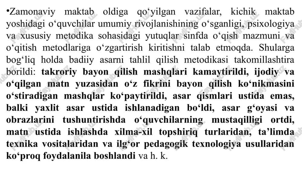 qan takomillashgan sinfda o‘qish metodikasidan ijodiy foydalanilmoqda. boshlang‘ich sinflarda badiiy asar quyidagi muhim metodik shartlar asosida tahlil qilinadi: 1. asar mazmunini tahlil qilish va to‘g‘ri, tez, ongli, ifodali o‘qish malakalarini shakllantirish bir jarayonda boradi. 2. asarning g‘oyaviy asoslari va mavzusini, uning obrazlari, syujet chizig‘i, kompozitsiyasi va tasviriy vositalarini tushuntirish o‘quvchilarning shaxs sifatida umumiy kamol topishiga yaxshi xizmat qiladi, shuningdek, bog‘lanishli nutqining o‘sishini ta’minlaydi. 3. o‘quvchilarning hayotiy tajribasiga tayanish asar mazmunini ongli idrok etishning asosi va uni tahlil qilishning zaruriy sharti hisoblanadi. 4. sinfda o‘qishga o‘quvchilarning bilish faoliyatini faollashtirish, atrof-muhit haqidagi bilimlarini kengaytirish va ilmiy dunyoqarash asoslarini shakllantirishning samarali vositasi sifatida qaraladi. asarni tahlil qilishda hisobga olish zarur bo‘lgan muhim omillardan biri uning o‘quvchilarga hissiy ta’siridir. o‘quvchilar muallifning asosiy fikrini tushunibgina qolmay, muallif hayajonlangan voqeadan ham hayajonlansinlar. matnni tahlil qilish o‘quvchida fikr qo‘zg‘atishi, hayotiy tajribasining muallif qayd etgan dalillarga to‘g‘ri kelish-kelmasligini aniqlashi zarur. tahlil davomida asarning estetik qimmati, badiiy go‘zalligi ham …