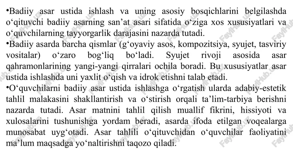 topshiriqlar tizimini ishlab chiqishi. 4. asarni qanday metodlar asosida o‘rganishni aniqlashi. 5. o‘quvchilar egallaydigan bilim, ko‘nikma va malakalar doirasini belgilab olishi. boshlang‘ich sinflarda badiiy asar ustida ishlash uch asosiy bosqichga bo‘linadi: birinchi bosqich (birinchi sintez). bu bosqichning asosiy vazifasi matnni yaxlit idrok etish asosida asarning aniq mazmuni va tasviriy ifoda vositalari bilan tanishtirishdan iborat. ikkinchi bosqich (analiz). bu bosqichning vazifasi va ish mazmuni voqealar rivojining bog‘lanishini belgilash, ishtirok etuvchi shaxslarning xulq-atvori va ularning asosiy xususiyatlarini aniqlash (nega shunday qildi va bu uning qanday xususiyatini ochadi), asar kompozitsiyasini ochish (tugun, kulminatsion nuqta, yechim), asarning aniq mazmunini tasviriy vositalar bilan birga tahlil qilish va qahramonlar xulq-atvorini baholash (muallif nimani tasvirlagani, qanday tasvirlagani, nima uchun u yoki bu dalilni tanlagani)dan iborat. uchinchi bosqich (ikkinchi sintez). bu bosqichning ish mazmuni ishtirok etuvchi shaxslarning muhim xususiyatlarini umumlashtirish, qahramonlarni taqqoslash va baholash, asarning g‘oyasini aniqlash, badiiy asarni hayotni bilish manbayi va san’at asari sifatida baholash (qanday …