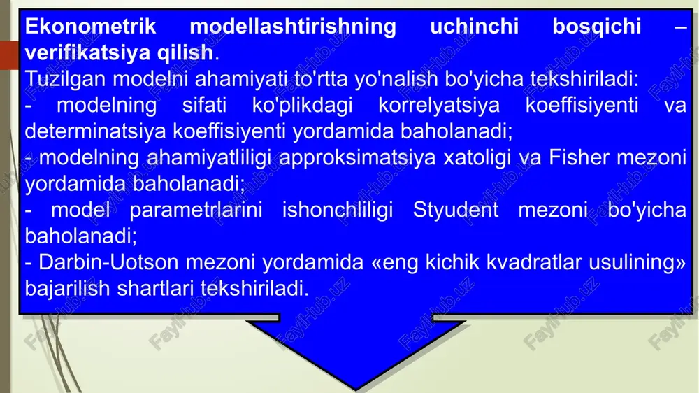 siya modelining ahamiyatliligi quyidagi fisherning f mezonining formulasi bo‘yicha aniqlanadi. agar ahamiyatlilikning berilgan darajasida 1=k, 2=n-k-1 erkinlik darajalariga ega bo‘lgan f mezonining hisoblab chiqilgan qiymati jadvaldagi qiymatdan yuqori bo‘lsa, u holda model ahamiyatli hisoblanadi, baholanayotgan tavsiflarning tasodifiy tabiati to‘g‘risidagi faraz inkor etilib, ularning statistik ahamiyatliligi va ishonchliligi e’tirof etiladi. ko‘p omilli regressiya modelining ahamiyatliligini tekshirish uchun fisherning f mezonidan foydalaniladi. ko‘p omilli regressiya modelining aniqlik o‘lchovlari sifatida qoldiq komponenta darajalari kvadratlari yig‘indisining (n-k-1) kattalikka nisbatini o‘zida namoyon etuvchi standart xato qo‘llaniladi: approksimatsiya xatoligi n - kuzatuvlar soni y - asosiy omilni haqiqiy qiymatlari ŷ - asosiy omilni tekislangan qiymatlari approksimatsiya xatoligi 15% gacha qabul qilinadi. modelning haqqoniyligi tekshirish uning ahamiyatini aniqlash hamda muntazam xatolarning bor-yo‘qligini aniqlashdan iborat. regressiya alohida koeffitsentlarining ahamiyatliligini tekshirish regressiya har bir koeffitsentining nolga tengligi to‘g‘risidagi farazni tekshirish yo‘li bilan st’yudentning t mezon bo‘yicha amalga oshiriladi. hisoblab chiqilgan t mezonning qiymatlari t, mezonning (n-k-1) erkinlik darajalarida va …