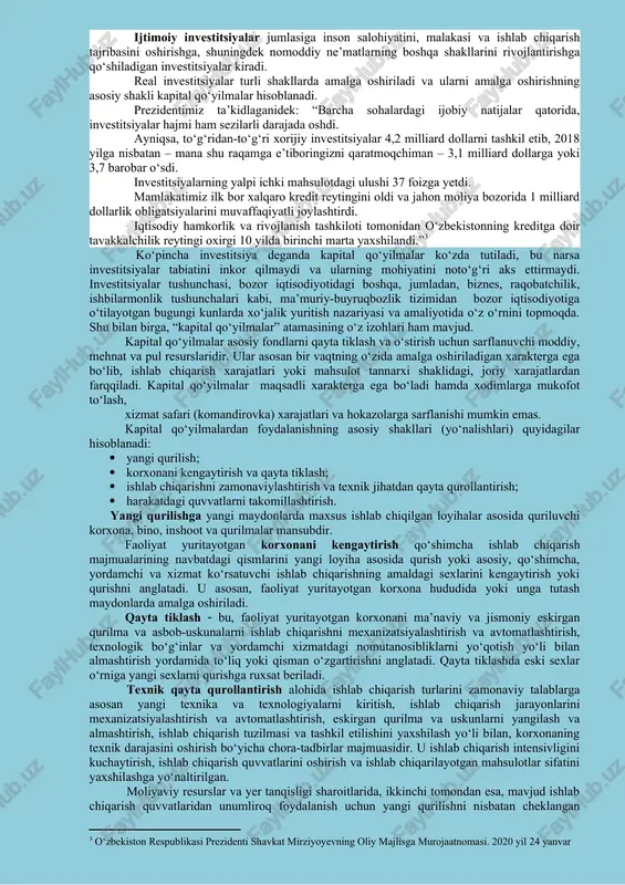 gan holda kapital qiymatini saqlash va ko‘zlangan samarani olishdan iborat bo‘ladi”.[footnoteref:1] [1: g‘ozibekov d.g‘. investitsiyalarni moliyalashtirish masalalari. t.: “moliya” nashriyoti. 2003. 26 bet.] professor n.h. haydarov investitsiyalar mazmun – mohiyatiga quyidagi ta’rifni beradi: “investitsiya – bu mulk shaklidan qat’iy nazar, tadbirkorlik asosida faoliyat ko‘rsatayotgan jismoniy va yuridik shaxslar yoki davlatning iqtisodiy va ijtimoiy samara olish maqsadida o‘z boyliklarini qonun doirasida bo‘lgan har qanday tadbirkorlik obyektiga sarflashidir”.[footnoteref:2] [2: haydarov n.h. iqtisodiyotni erkinlashtirish sharoitida korxonalar investitsion faoliyatidagi moliya-soliq munosabatlarini takomillashtirish masalalari. i.f.d ilmiy darajasini olish uchun yozilgan dissertatsiya. / t.: 2003. 29 b. ] lorens dj. gitman va maykl d. djonkning “investitsiyalash asoslari” (m.: “delo” nashriyoti.1997) kitobida investitsiyalarga quyidagicha ta’rif beriladi: investitsiya moliyaviy natijalar olishni ko‘zlab aksiya va obligatsiyalarni sotib olishni anglatadi: bular real aktivlarni belgilaydi, masalan, u yoki bu molni ishlab chiqarish va sotish uchun mashinalarni olishni nazarda tutadi. umuman keng ma’noda investitsiyalar mamlakat iqtisodiyotini o‘stirish va rivojlantirishni moliyalashtirish uchun zarur …