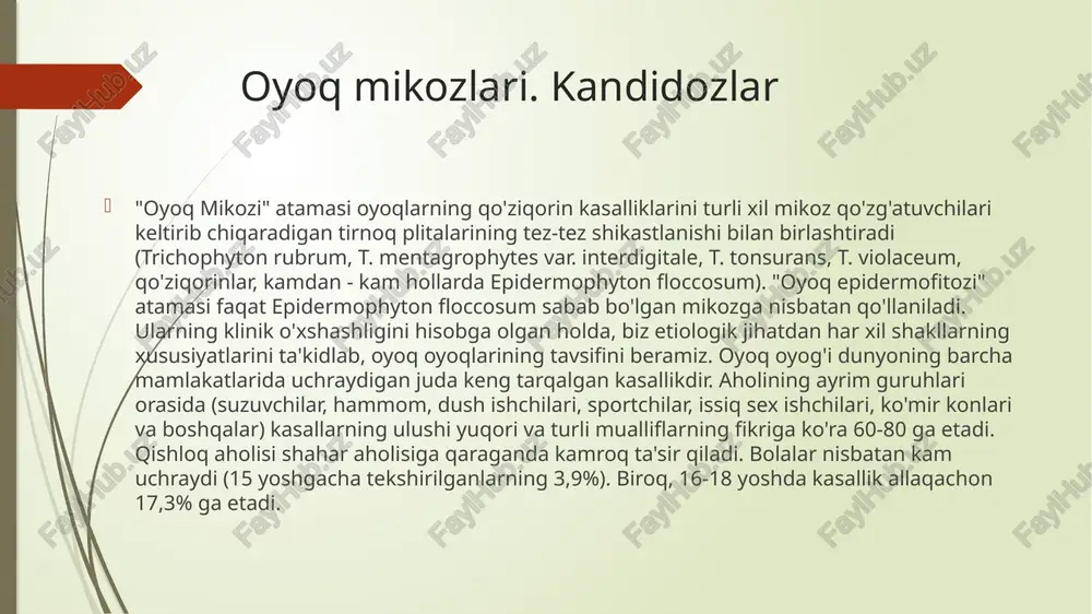 z epidemiyasining sabablaridan biri), aşınma, yo'rgak toshmasi, har bir yoshga xos bo'lgan terining anatomik va fiziologik xususiyatlari, ter kimyosi va terning ph qiymati ishqoriy tomonga siljishi. endogen omillardan oyoqlarning epidermofitozining rivojlanishiga markaziy va periferik asab va endokrin tizimlarning disfunktsiyalari, turli xil angiopatiyalar, akrotsianoz va pastki ekstremitalarning qon tomir apparatlarining boshqa kasalliklari, terining ixtio-ziform lezyonlari, gipovitaminozlar yordam beradi. oyoq terisining mexanik va kimyoviy shikastlanishi, noqulay meteorologik sharoitlar, yuqori atrof-muhit harorati ham muhimdir. qo'ziqorin shtammining virulentligi va patogenligini hisobga olish kerak. klinika to'xtash mikozining asosiy qo'zg'atuvchilari t. rubrum va t. interdigitale. ulardan birinchisi oyoq va qo'llarning terisi va tirnoqlariga, shuningdek terining boshqa joylariga ta'sir qiladi, ikkinchisi - faqat oyoqlarning terisi va tirnoq plitalari. t. rubrum tufayli mikoz interdigital burmalar terisidan boshlanadi, shundan so'ng oyoq terisi (plantar, lateral va orqa) jarayonga jalb qilinishi mumkin. oyoq mikozining skvamoz, intertriginoz, dishidrotik klinik navlari mavjud. oyoq mikozining shakllarga bo'linishi shartli, chunki ko'pincha bir nechta klinik navlarning …