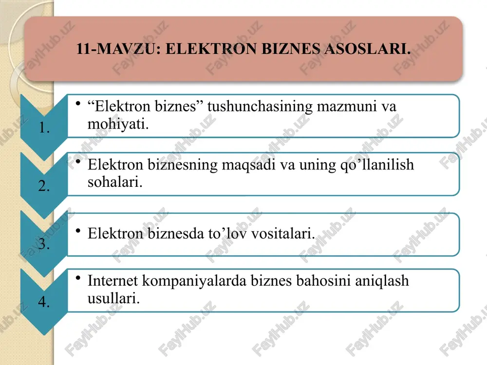 otish va to‘lovdan iborat biznes operatsiyalari; · bir nechta kompaniya tomonidan yangi mahsulot yoki xizmatni birgalikda ishlab chiqish; · mahsulotni birgalikda ishlab chiqarishni tashkil qilish; · biznes ma’muriyati (soliqlar, bojxona, ruxsatlar, konsessiyalar va h.k.); · transport xizmatlari, yuk tashish texnikasi va ta’minot usullari. 7 elektron biznesni amalga oshishining 5 ta asosiy sohasini ko‘rishimiz mumkin: birinchi soha – salohiyatli mijozga internet tarmog‘ida mavjud bo‘lgan vositalar orqali tovar taklif qilish. an’anaviy usulda savdo qilish jarayonida xaridor tovarning bahosini savdolashishi, sotuvchi bilan maslahatlashishi, tovarni sotib olishga qaror qilishi yoki undan voz kechishi mumkin. internet tarmog‘ida salohiyatli mijozlarga multimedianing barcha imkoniyatlari yaratib beriladi. aniqroq qilib aytganda, tovarni uch o‘lchamli fazoda ko‘ra olishi, maxsus tayyorlangan ovozli, animatsiyali videoroliklardan foydalanishlari mumkin bo‘ladi. 2. elektron biznesning maqsadi va uning qo’llanilish sohalari. 8 ikkinchi soha – tovar sotib olishni bevosita amalga oshirilishi. shu bilan birga, tez va ozmi-ko‘pmi xavfsizdir. tovarni sotib olish uchun buyurtma, elektron pochta orqali xabar …