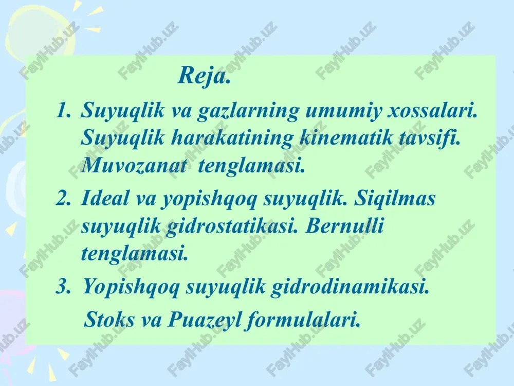 r oqim deyiladi. suyuqlik s1 va s2 kesimga ega bo`lgan trubadan oqayotgan bo`lsin.agar suyuqlik siqilmas bo`lsa s1 va s2 kesimlar orasida suyuqlik miqdori o`zgarmaydi. s1 s2 1 2 demak , baqt birligida s1 va s2 kesimlar orqali oqib o`tuvchi suyuqlik miqdori bir xil bo`lishi kerak: s11=s22 siqilmas suyuqlik uchun trubaning istalgan kesimida s= const bu oqimning uzluksizlik tenglamasi bo`lib, bunga asosan oqim nayining kesimi kichik bo`lsa siqilmas suyuqlik zarrachalari tezroq harakat qiladi va aksincha. 2.siqilmas suyuqlik gidrostatikasi. bernulli tenglamasi. suyuqlikning zichligi hamma erida bir xilda bo`lsa siqilmas suyuqlik deyiladi. ichki ishqalanish (yopishqoqlik) batamom hisobga olinmaydigan suyuqlik ideal suyuqlik deyiladi. stasionar oqayotgan udeal suyuqlik uchun tenglama o`rinli bo`lib, bu bernulli tenglamasi deyiladi. bernulli tenglamasidagi qo`shiluvchi hadarning fizik ma`nosi bilan tanishaylik: p-harakatlanuvchi suyuqlik ichidagi bosimui anglatadi va statik bosim deb ataladi. - dinamik bosim bo`lib, u suyuqlik ichidagi bosim suyuqlikning harakatlanishi tufayli qandaydir miqdorga kamayishini xarakterlaydi. gh- gidravlik bosim bo`lib, u oqim …