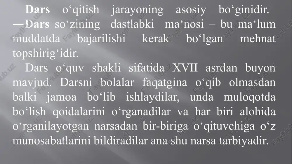 lanish. 3) muammoli vaziyat yaratish, testlardan foydalanish. 4) har xil ko’rsatmali va ekran vositalarini qo’llash. 5) darsda musobaqa shaklidan foydalanish. matematikadan dars turlari: murakkab dars. yangi materialni o`rganish darsi. bilim, malaka va ko`nikmalarni mustahkamlash darsi. takrorlash – umumlashtirish darslari. bilim, malaka va ko`nikmalarni nazorat qilish darsi. muammoli dars. noan‘anaviy dars. 1. murakkab darslar - boshlang`ich sinflarda eng ko`p o`tiladi. tuzilishi: uy vazifasini tekshirish. maxsus og`zaki mashqlar. o`quvchilar oldiga dars maqsadini qo`yish. yangi materialni idrok qilishga tayyorlash. yangi materialni o`rganish. yangi materialni mustahkamlash. o`tilganlarni takrorlash. darsni yakunlash va uyga vazifa berish. yangi materialni o`rganish darslari - murakkab va yangi materialni o`rganish darslari tuzilishi jihatidan o`xshash. ammo, yangi materialni o`rganish darslarida asosiy vaqt yangi mavzuga beriladi. m: 20-25 minut. (mus. 10-15 m). bilim, malaka va ko`nikmalarni mustahkamlash - bunday darsning maqsadi olingan bilimlarni mustahkamlashga yo`naltirilgan bo`ladi va unda mashqlar, amaliy va mustaqil ishlar asosiy vosita hisoblanadi. tuzilishi: dars maqsadini qo`yish. uy vazifasini …