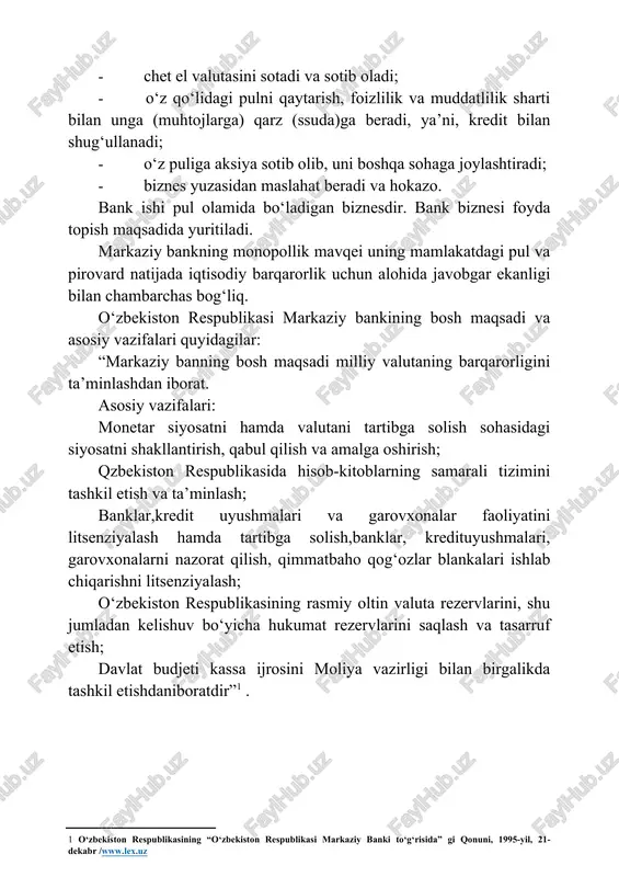 b oladi; · o‘z qo‘lidagi pulni qaytarish, foizlilik va muddatlilik sharti bilan unga (muhtojlarga) qarz (ssuda)ga beradi, ya’ni, kredit bilan shug‘ullanadi; · o‘z puliga aksiya sotib olib, uni boshqa sohaga joylashtiradi; · biznes yuzasidan maslahat beradi va hokazo. bank ishi pul olamida bo‘ladigan biznesdir. bank biznesi foyda topish maqsadida yuritiladi. markaziy bankning monopollik mavqei uning mamlakatdagi pul va pirovard natijada iqtisodiy barqarorlik uchun alohida javobgar ekanligi bilan chambarchas bog‘liq. o‘zbekiston respublikasi markaziy bankining bosh maqsadi va asosiy vazifalari quyidagilar: “markaziy banning bosh maqsadi milliy valutaning barqarorligini ta’minlashdan iborat. asosiy vazifalari: monetar siyosatni hamda valutani tartibga solish sohasidagi siyosatni shakllantirish, qabul qilish va amalga oshirish; qzbekiston respublikasida hisob-kitoblarning samarali tizimini tashkil etish va ta’minlash; banklar,kredit uyushmalari va garovxonalar faoliyatini litsenziyalash hamda tartibga solish,banklar, kredituyushmalari, garovxonalarni nazorat qilish, qimmatbaho qog‘ozlar blankalari ishlab chiqarishni litsenziyalash; o‘zbekiston respublikasining rasmiy oltin valuta rezervlarini, shu jumladan kelishuv bo‘yicha hukumat rezervlarini saqlash va tasarruf etish; davlat budjeti …