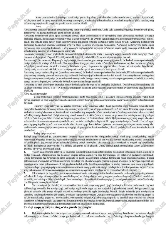 yasiga aylanadi. vi aorta ravog'i o'pkaga ingichka o'pka arteriyasini berganidan so'ng o'ng tomondagisi yopiladi. chap vi aorta ravog'i chap dorsal arteriya bilan bog‘lanib, batal nayiga aylanadi va homilada u orqali qon o‘pka poyasidan aortaga o'tadi. segmentlararo dorsal arteriyalar, o‘z navbatida, dorsal va ventral tarmoqlaiga bo'linadi. bo'yin va bosh sohalarida ulaming dorsal tarmoqlaridan umurtqa arteriyasi va uning tarmoqlari hosil bo'ladi. tana sohasida ular qovurg'alararo va bel arteriyalariga aylanadi. ventral tarmoqlardan chap o'mrov osti arteriyasi va o'ng o'mrov osti arteriyasining distal qismi hosil bo'ladi. o'mrov osti arteriyasi taraqqiyot davrida qo'lga o'sib kiradi. lateral segmentar arteriyalardan juft: diafragma, buyrak, buyrak usti bezi va moyak arteriyalari hosil bo'ladi. ventral segmentar arteriyalardan esa tuxum sarig'i arteriyasi hosil bo'lib, ulardan qorin bo'shlig'i a’zolarini qon bilan ta’minlovchi toq arteriyalar rivojlanadi. kaudal joylashgan ventral segmentar arteriyalar o'ng va chap kindik arteriyasiga aylanadi va uning boshlang'ich qismidan chiqqan tarmog'i oyoq kurtagiga o'sib kiradi. chanoq bo'shlig'i a’zolari va oyoqning o'sishi …