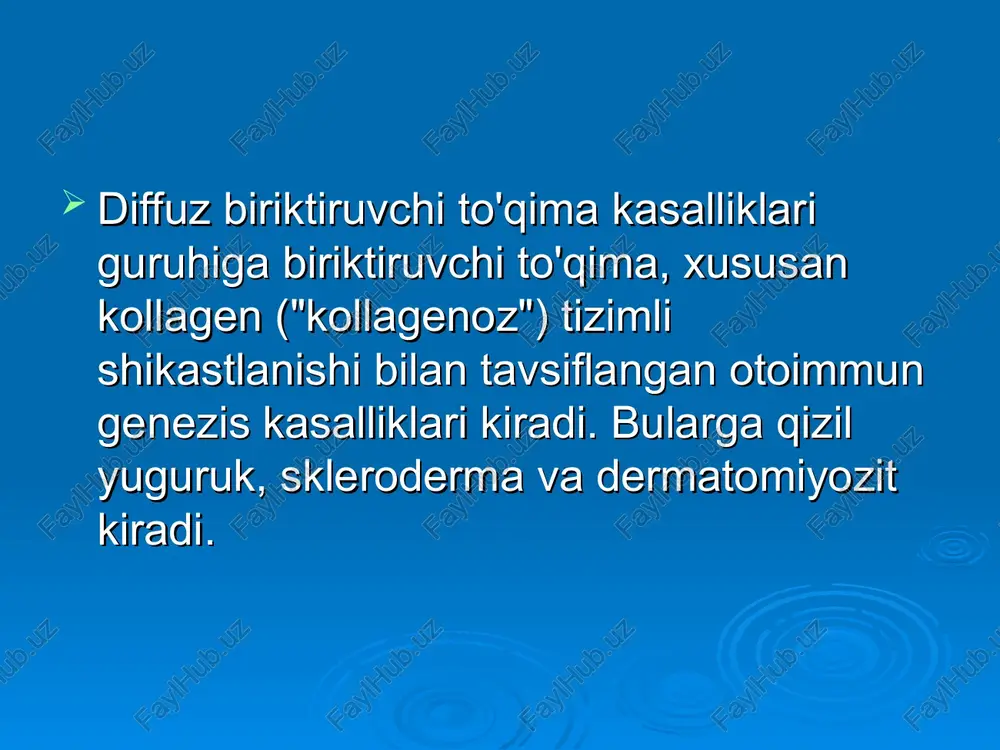 mast hujayralari va gistiotsitlar aralashmasi bilan limfoid hujayralardan qon tomiriga yaqin infiltrat hosil bo'ladi. infiltrat soch follikulalari, yog ' va ter bezlari atrofida ham hosil bo'ladi. kasallikning ikkinchi bosqichida infiltratsiya joylarida dermisning biriktiruvchi to'qimasida fibrinoid o'zgarishlar, so'ngra barcha tolali tuzilmalar nobud bo'lishi va yog ' -soch follikulalari atrofiyasi kuzatiladi. epidermisda bazal qatlamning fokal vakuola distrofiyasi, o'sish qatlamining atrofiyasi va soch follikulalari va ter teshiklarida shoxli tiqinlar bilan aniq follikulyar giperkeratoz mavjud. klinikasi o'tkir boshlanishi bezovtalik, titroq va isitma bilan birga keladi. - ko'chib yuruvchi artralgiya, mialgiya - - oshqozon-ichak trakti tomonidan: anoreksiya, disfagiya, najas buzilishi -yqts tomonidan: miyokardiyodistrofiya, yuz va shilliq pardalardagi gemorragik namoyishlar. asab tizimining buzilishi: uyqu buzilishi, bosh og'rig'i, paresteziya. eritematoz fonda kumushrang-kulrang, mahkam o'rnashgan tarozilar paydo bo'ladi, ularni olib tashlash paytida og'riq seziladi( beignets-meshcherskiy alomati). olib tashlangan tarozining ichki yuzasida siz shoxli tikanlarni ko'rishingiz mumkin ("ayol tovoni" alomati), bu giperkeratozning soch follikulalarining kengaygan og'zida ifodalanganligini isbotlaydi. eritematoz …
