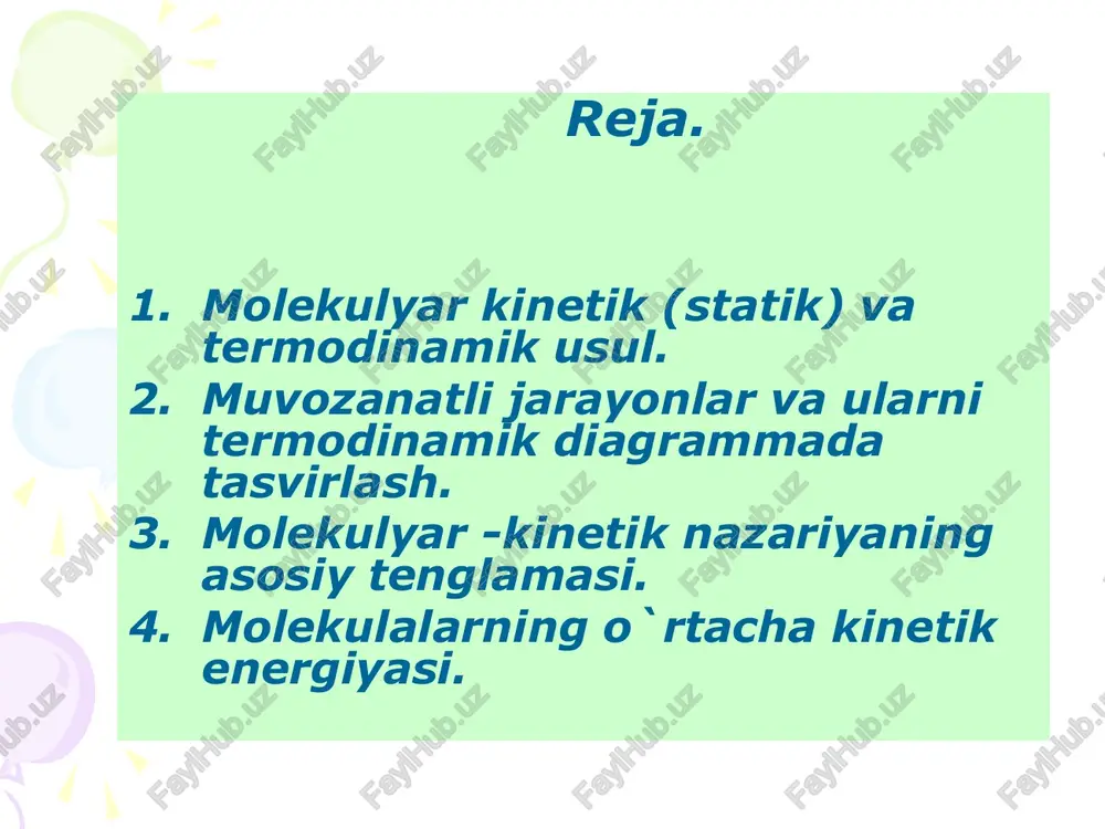 ir, ya’ni t=const, m= const bo`lsa pv= const bo`ladi. p v izoterma izobarik jarayon. gey-lyussak qonuni. izobarik jarayon bu bosim o`zgarmasdan termodinamik tizimning xolatini o`zgarish jarayonidir. gey-lyussak qonuni -o`zgarmas massali gasning o`zgarmas bosimdagi xajmining haroratga nisbati o`zgarmas kattalikdir, m= const, p= const bo`lsa v= v0(l+ t) v t izobara izoxorik jarayon. sharl qonuni. izoxorik jarayon bu xajm o`zgarmasdan termodinamik tizimning xolatini o`zgarish jarayonidir. sharl qonuni -o`zgarmas massali gasning o`zgarmas xajmdagi bosimining haroratga nisbati o`zgarmas kattalikdir. m= const, v= const bo`lsa p= p0(l+ t) p t izoxora ideai gaz holatining tenglamasi gaz holatini aniqlovchi parametrlar orasidagi bog`lanishni ifadolovchi tenglamaga holat tenglamasi deyiladi. m massali gazning holati v1, p1 va t1 parametrlar bilan ifodalansin. bu gazni v2, p2 va t2 parametrlar bilan aniqlanuvchi boshqa holatga o‘tkazaylik. gazni ikkinchi holatga izotermik (t1 = const) va izoxorik (v2 = const) jarayonlar orqali o‘tkazish mumkin. 1) izotermik jarayon vaqtida gazning hajmi v2 ga o‘zgarib bosim …