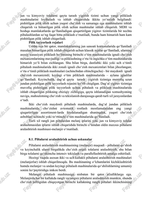 il ichida bu tizimlarda sezilarli o‘zgarishlar va takomillashuvlar bo‘ldi: yanada ilg‘or va samarali uskunalar asosida ishlab chiqilgan yangi yigirish tizimlari paydo bo‘ldi. qisqartirilgan yigiruv tizimlarida pilta og‘irligini avtomatik rostlash va boshqarish, piliklash va yigirish mashinalarida yuqori quvvatli cho‘zish asboblari qo‘llanilmoqda. shu bilan birga, uskunalar yuqori aniqlikda ishlab chiqariladi. yangi qisqartirilgan ingichka junni qayta tarash yigirish tizimida, ham himarish, ham pishitishi usullarida pilik ishlab chiqarish mumkin. oxirgi yillarda jun va kimyoviy tolalarni qayta tarash yigirish tizimi uchun yangi piliklash mashinalarini loyihalash va ishlab chiqarishda ikkita yo‘nalish belgilandi: pishitilgan pilik olish uchun yuqori cho‘zish va samaraga ega mashinalarni ishlab chiqarish va himarilgan pilik olish uchun mashinalar ishlab chiqarish. mdh va boshqa mamlakatlarda qo‘llaniladigan qisqartirilgan yigiruv tizimlarida bir nechta piltalashlardan so‘ng faqat bitta piliklash o‘rnatiladi, bunda ham himarish ham kam pishitilgan pilik ishlab chiqariladi. pilik tayyorlash rejalari ushbu reja bir qator, mamlakatlarning jun sanoati korxonalarida qo‘llaniladi masalan himarilgan pilik ishlab chiqarish uchun klassik …