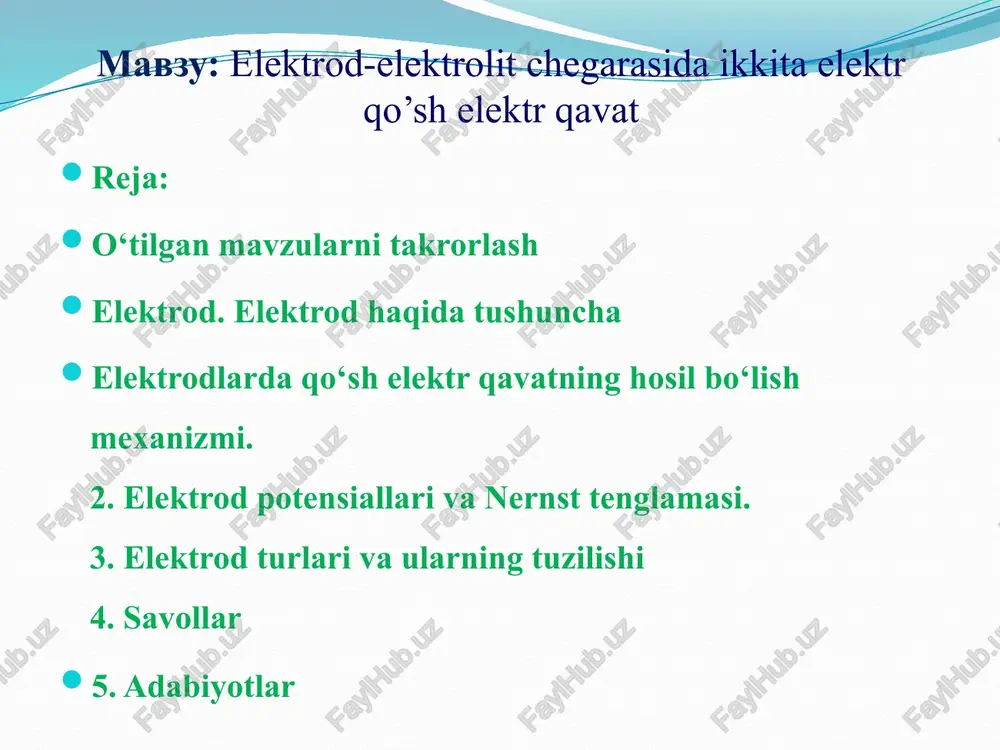 ch qanday kimyoviy o‘zgarish sodir bo‘lmaydi. bu turdagi o‘tkazgichlarning elektr o‘tkazuvchanligi harorat ortishi bilan kamayadi. 2-xil o‘tkazgichlarga kislota, ishqor, tuzlarning eritmalari, suyuqlanmalari va kristallari misol bo‘ladi. ularda elektr tokini ionlar tashiydi va elektr oqimining o’tishi modda massasining siljishi bilan boradi. !!!! birinchi xil o’tkazgichlar bilan ikkinchi xil o’tkazgichlar o’zaro tutashtirilganda elektr oqimini vujudga keltiruvchi sistemaga elektrokimyoviy zanjir deyiladi. bunday zanjirdan (metall plastinkasi elektrolit eritmaga tushirilgan sistemadan) elektr oqimi o’tganda, elektrolit va o’tkazgichlarning chegarasida (metall elektrod botgan qism yuzasida) kimyoviy reaksiya boradi. bu jarayonga elektrokimyoviy jarayon deyiladi. chapter 18 slide 6 overall: zn(s) + cu2+(aq)  zn2+(aq) + cu(s) elektrokimyoviy jarayon (reaktsiya borishi) natijasida zanjirda elektr oqimi vujudga kelishi mumkin. ya'ni, kimyoviy energiya elektr energiyaga aylanadi. prentice hall ©2004 electrodes: are usually metal strips/wires connected by an electrically conducting wire. bir biriga tegib turgan 2 tur o‘tkazgich – metall va elektrolitdan tashkil topgan sistemaga elektrod deyiladi. kimyoviy energiyaning elektr energiyasiga aylanish …