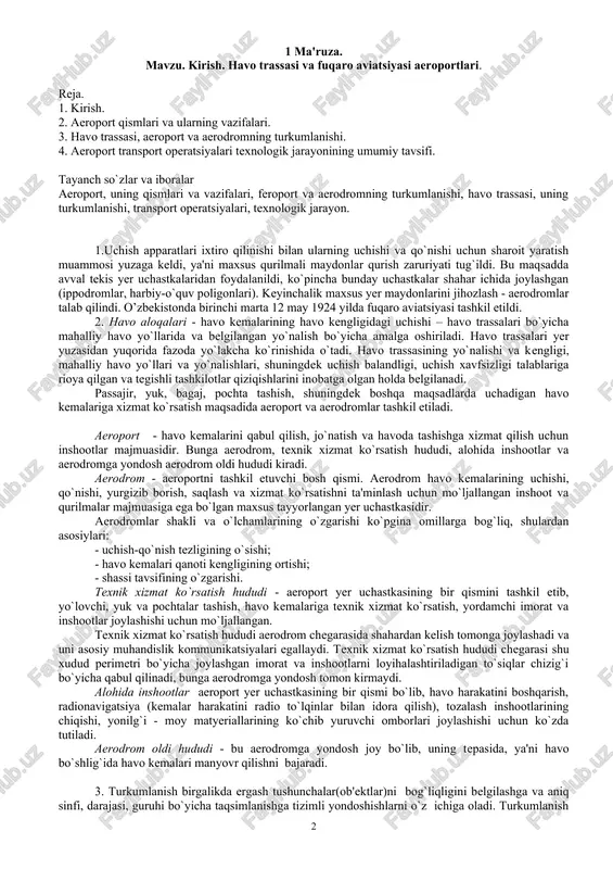 sadida aeroport va aerodromlar tashkil etiladi. aeroport - havo kemalarini qabul qilish, jo`natish va havoda tashishga xizmat qilish uchun inshootlar majmuasidir. bunga aerodrom, texnik xizmat ko`rsatish hududi, alohida inshootlar va aerodromga yondosh aerodrom oldi hududi kiradi. aerodrom - aeroportni tashkil etuvchi bosh qismi. aerodrom havo kemalarining uchishi, qo`nishi, yurgizib borish, saqlash va xizmat ko`rsatishni ta'minlash uchun mo`ljallangan inshoot va qurilmalar majmuasiga ega bo`lgan maxsus tayyorlangan yer uchastkasidir. aerodromlar shakli va o`lchamlarining o`zgarishi ko`pgina omillarga bog`liq, shulardan asosiylari: - uchish-qo`nish tezligining o`sishi; - havo kemalari qanoti kengligining ortishi; - shassi tavsifining o`zgarishi. texnik xizmat ko`rsatish hududi - aeroport yer uchastkasining bir qismini tashkil etib, yo`lovchi, yuk va pochtalar tashish, havo kemalariga texnik xizmat ko`rsatish, yordamchi imorat va inshootlar joylashishi uchun mo`ljallangan. texnik xizmat ko`rsatish hududi aerodrom chegarasida shahardan kelish tomonga joylashadi va uni asosiy muhandislik kommunikatsiyalari egallaydi. texnik xizmat ko`rsatish hududi chegarasi shu xudud perimetri bo`yicha joylashgan imorat va inshootlarni loyihalashtiriladigan …
