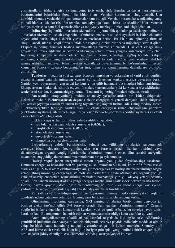 oydaliligidadir. uni amalga oshirishda shartnoma tuziladi: har xil chizmalar, loyihalar, smeta (bo‘ladigan kirim-chiqim hisobi), texkartalar, metodikalar (biror narsaga o‘rgatish usullari), formulalar (shartli belgilar bilan ifodalangan matematik miqdorlar), texnik ma’lumotlar va h.k. tanishtiriladi. eksporter bu ma’lumotlarni yetkazib beradi, importer esa qabul qilib oladi. innovatsiya – iqtisodiyotga mablag‘ solish jarayoni. yangilikni joriy etish: birinchidan, texnika va texnologiya avlodlarini almashtirishni ta’minlash uchun iqtisodiyotga sarflangan mablag‘lar bo‘lsa; ikkinchidan esa, ilmiy-texnika taraqqiyoti yutuqlari natijalari bo‘lgan yangi texnika va texnologiya. ixtirochilikning rivojlanishi, biror yo‘nalishdagi yirik ixtiro va kashfiyotlar maydonga kelishi innovatsiyaning muhim omillari hisoblanadi. lizing – mashina, asbob-uskuna, transport vositalari, ishlab chiqarish inshootlarini uzoq muddatli ijaraga olish; uzoq muddat foydalaniladigan tovarlar eksportini kreditlash shakllaridan biri. lizingning asosan moliyaviy va oddiy turi mavjud. moliyaviy lizing muayyan muddatda ijaraga beruvchining kapital xarajatlarini to‘liq qoplashga yetarli to‘lovlardan iborat bo‘lib, mulk egasiga bir miqdor foyda ham beradi. oddiy lizing – ijara davrida ijaraga olingan mulk qisman amortizatsiyalanadi. lizing kompaniyasi asbob-uskunalar …