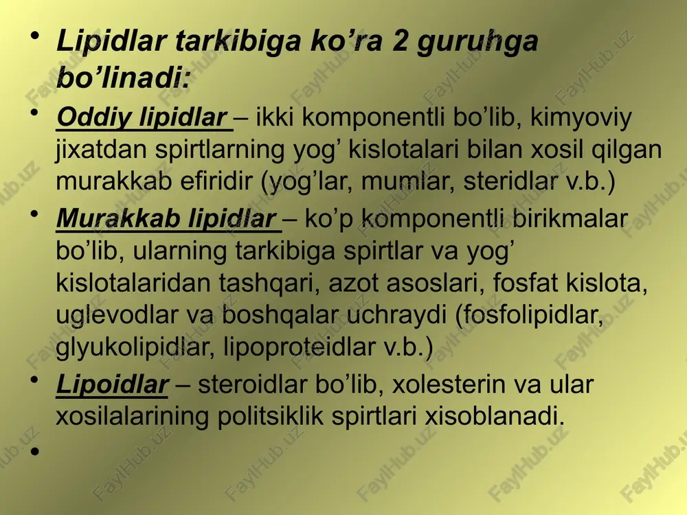 keltirilgan(lincoln taiz, eduardo zeiger, 2002) lipoproteinlar oqsillarni lipidlar bilan xosil qilgan kompleks birikmasidir. ular xujayralar membranasini asosini tashkil etadi. uning xususiyatiga ko’ra xujayraning tanlab o’tkazuvchanligi namoyon bo’ladi.(lincoln taiz, eduardo zeiger, 2002) yog kislotalarning biosintezi sitoplazmaning suvda eruvchi qismida boradigan jarayondir. bu jarayonda asosiy xomash’yo bo’lib asetilkoferment-a holatidagi aktivlashgan asetil xizmat qiladi. bu sintez uchun kerak bo’lgan asetilkoferment-a asosan mn ishtirokida karbonat angidrid bilan birikib, yog kislotalar biosintezining oraliq mahsuloti malonilkoferment-a ga aylanadi. yog kislotalar biosintezi yo’lining asosiy hususiyatlari. sintez sitoplazmada boradi. yog kislotalar biosintezi oraliq maxsulotlari asil tashuvchi oqsil (ato) nig sulfigidril gruppasi bilan koferment a boglangandir. yog kislota sintezining ko’pchillik fermentlari organizmlarda yog kislotalar sintetazasi deb ataladigan kichik ferment majmuasi shaklida tashkil qilingan. yog kislota sintezida qaytaruvchi bo’lib nadf h ishtirok etadi. o’sayotgan yog kislota zanjiri asetil koa dan kelib chiqadigan uglerod atomli komponentlarni birin ketin qo’shilishi orqali uzayadi (elongasiya), bu bosqichda malonil ato qatnashadi. elongasiya reaksiyasi so2 ni …