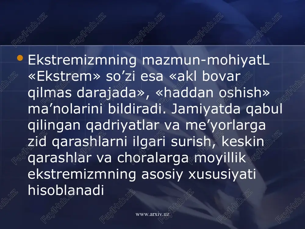 t vazifasini ham bajaradi. www.arxiv.uz www.arxiv.uz ekstremistik va terroristik tashkilotlarga yangi a’zolaming qo’shilishi, ko’pincha, dinga kiritish, qabul qilishdek shaklu shamoyil kasb etadi hamda bir qancha tanlov va sinov bosqichlarini o’z ichiga oladi. ekstremistik harakatlaming eng quyi tabaqasi ko’pincha siyosiy tusga ega bo’lmagan, mayda zo’rlik va jinoyatlar sodir etadigan unsurlar bilan bog’liq bo’ladi. bunday zo’rlikning siyosiylashtirilishi .terrorizm tomon qo’yilgan birinehi qadam bo’ladi. o’z doirasiga yangijcimsalami tortar ekan,.terrorchilik guruhi yoki uning rahbariyatiga so’zsiz bo’ysunishni, mutaassibona sadoqatni talab qiladi. keyinroq esa yollanuvchilar«hamma narsani biluvchi» va ularga yo’lboshchilik qiluvchi sarbonga duch keladilar. www.arxiv.uz www.arxiv.uz www.arxiv.uz www.arxiv.uz hozirgi davrda eng awalo axborot chegaralarining barham topishida o’zligini namoyon qilayotgan globallashuv sharoitida va bir paytlar xalqaro munosabatlar mazmunini belgilagan ikki qarama-qarshi kuch - sotsializm va kapitalizm o’rtasidagi o’zaro kurashning barham topishi natijasida ekstremizm va terrorizm mamlakatlar, mintaqalar va umuman dunyo xavfsizligiga asosiy taxdid sifatida birinehi o’ringa chiqdi. qo’poruvchilik faoliyatining turli ko’rinishlarini o’z ichiga olgan infrastrukturani shakllantirgan va …