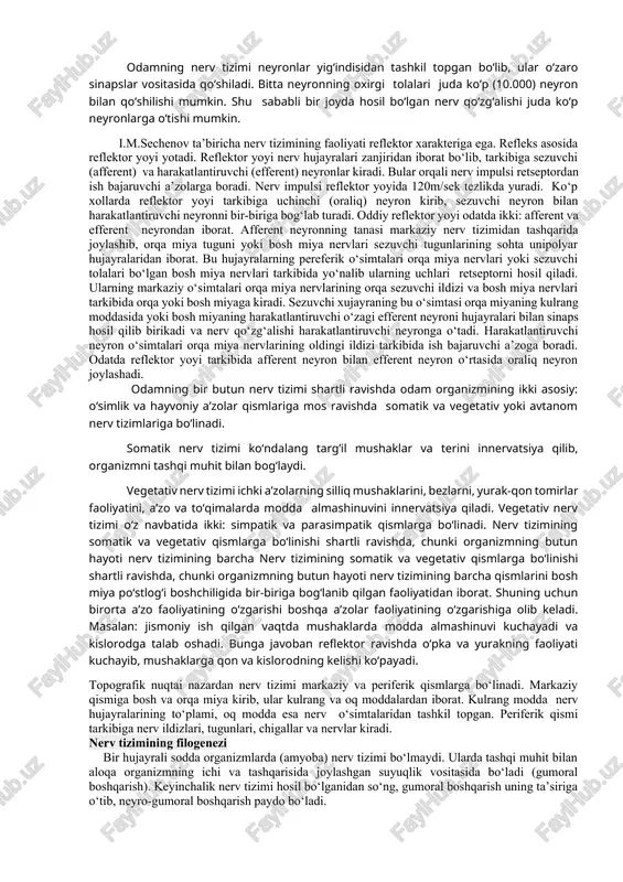 an (mexanik, harorat, kimyoviy) bo‘lib, tuzilishi har xil bo‘ladi. retseptorlarning joylashishiga qarab quyidagi turlarga bo‘linadi: 1.ekstrotseptorlar tashqi muhit ta’sirini qabul qiladi. ular teri, shilliq pardalar va sezgi a’zolarida joylashgan. 2.introtseptorlar organizmning ichki muhitida bo‘ladigan kimyoviy o‘zgarishlar, shuningdek to‘qima va a’zolardagi bosim o‘zgarishlari ta’sirotlarini qabul qiladi. 3.propriotseptorlar mushak, pay, boylam, fassiya, bo‘g‘im xaltasidagi ta’sirotlarni qabul qiladi. ii.oraliq yoki assotsiativ neyron qo‘zg‘olishni sezuvchi neyrondan harakat neyroniga o‘tkazib beradi. bu neyronlar markaziy nerv tizimida joylashadi. iii.effektor yoki harakatlantiruvchi neyronlarning tanalari markaziy nerv tizimida yoki vegetativ tugunlarda joylashgan. ularning aksonlari ish bajaruvchi a’zolarga (ko’ndalang targ’il va silliq mushaklar va bezlarga) boradi. odamning nerv tizimi neyronlar yig‘indisidan tashkil topgan bo‘lib, ular o‘zaro sinapslar vositasida qo‘shiladi. bitta neyronning oxirgi tolalari juda ko‘p (10.000) neyron bilan qo‘shilishi mumkin. shu sababli bir joyda hosil bo‘lgan nerv qo‘zg‘alishi juda ko‘p neyronlarga o‘tishi mumkin. i.m.sechenov ta’biricha nerv tizimining faoliyati reflektor xarakteriga ega. refleks asosida reflektor yoyi yotadi. reflektor yoyi nerv …