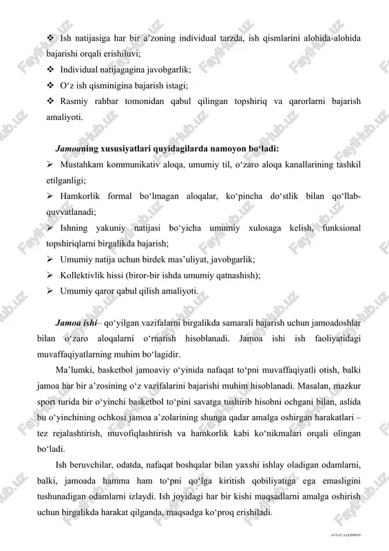 ulosaga kelish, funksional topshiriqlarni birgalikda bajarish; · umumiy natija uchun birdek mas’uliyat, javobgarlik; · kollektivlik hissi (biror-bir ishda umumiy qatnashish); · umumiy qaror qabul qilish amaliyoti. jamoa ishi– qo‘yilgan vazifalarni birgalikda samarali bajarish uchun jamoadoshlar bilan o‘zaro aloqalarni o‘rnatish hisoblanadi. jamoa ishi ish faoliyatidagi muvaffaqiyatlarning muhim bo‘lagidir. ma’lumki, basketbol jamoaviy o‘yinida nafaqat to‘pni muvaffaqiyatli otish, balki jamoa har bir a’zosining o‘z vazifalarini bajarishi muhim hisoblanadi. masalan, mazkur sport turida bir o‘yinchi basketbol to‘pini savatga tushirib hisobni ochgani bilan, aslida bu o‘yinchining ochkosi jamoa a’zolarining shunga qadar amalga oshirgan harakatlari – tez rejalashtirish, muvofiqlashtirish va hamkorlik kabi ko‘nikmalari orqali olingan bo‘ladi. ish beruvchilar, odatda, nafaqat boshqalar bilan yaxshi ishlay oladigan odamlarni, balki, jamoada hamma ham to‘pni qo‘lga kiritish qobiliyatiga ega emasligini tushunadigan odamlarni izlaydi. ish joyidagi har bir kishi maqsadlarni amalga oshirish uchun birgalikda harakat qilganda, maqsadga ko‘proq erishiladi. quyidagi bir necha muhim ko‘nikmalar va odatlarni qo‘llash orqali odamlar bilan ishlashni …
