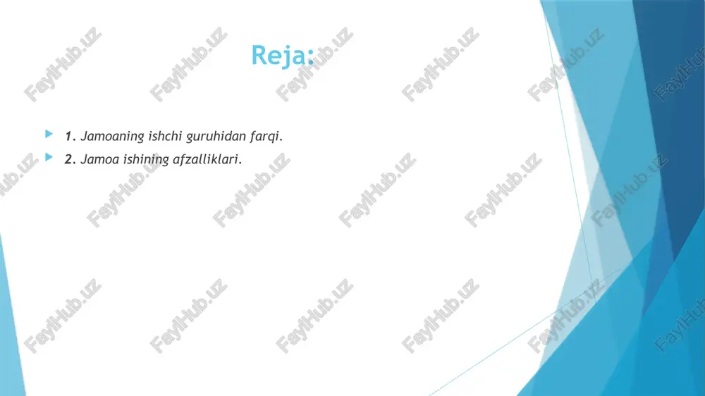 n birdek mas’uliyat, javobgarlik; kollektivlik hissi (biror-bir ishda umumiy qatnashish); umumiy qaror qabul qilish amaliyoti. jamoa ishi– qo‘yilgan vazifalarni birgalikda samarali bajarish uchun jamoadoshlar bilan o‘zaro aloqalarni o‘rnatish hisoblanadi. jamoa ishi ish faoliyatidagi muvaffaqiyatlarning muhim bo‘lagidir. ma’lumki, basketbol jamoaviy o‘yinida nafaqat to‘pni muvaffaqiyatli otish, balki jamoa har bir a’zosining o‘z vazifalarini bajarishi muhim hisoblanadi. masalan, mazkur sport turida bir o‘yinchi basketbol to‘pini savatga tushirib hisobni ochgani bilan, aslida bu o‘yinchining ochkosi jamoa a’zolarining shunga qadar amalga oshirgan harakatlari – tez rejalashtirish, muvofiqlashtirish va hamkorlik kabi ko‘nikmalari orqali olingan bo‘ladi. ish beruvchilar, odatda, nafaqat boshqalar bilan yaxshi ishlay oladigan odamlarni, balki, jamoada hamma ham to‘pni qo‘lga kiritish qobiliyatiga ega emasligini tushunadigan odamlarni izlaydi. ish joyidagi har bir kishi maqsadlarni amalga oshirish uchun birgalikda harakat qilganda, maqsadga ko‘proq erishiladi. quyidagi bir necha muhim ko‘nikmalar va odatlarni qo‘llash orqali odamlar bilan ishlashni va munosabatlarni o‘rnatish mumkin: hamkorlikda ishlash; g‘oyalar, takliflar va harakatlar bilan …