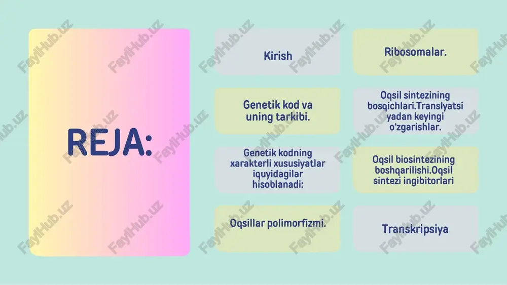 an, bo‘linmaydi. bir tomonlama – genetik axborot faqat dnkdan rnagacha, keyin oqsilga o‘tadi. genetik kodning xarakterli xususiyatlari quyidagilar hisoblanadi: 1. aminokislotalarning faollashuvi. 2. initsiatsiya–sintezning boshlanishi. 3. elongatsiya–polipeptid zanjirning uzayishi. 4. terminatsiya–polipeptid zanjirsintezining tugallanishi. 5. o‘z-o‘zidan o‘ralish va protsessing. oqsil sintezining bosqichlari .translyatsiyadan keyingi o‘zgarishlar. oqsil sintezi boshqaruvchi gen struktur gen operator gen repressor induksiya repressiya promotor transkripsiya antibiotik oqsil biosintezining boshqarilishi.oqsil sintezining ibitorlari oqsillar polimorfizmi oqsillar polimorfizmi — bu bir xil oqsilning genetik varianti bo‘lib, turli individlar yoki populyatsiyalar orasida mavjud bo‘lgan genetik o‘zgarishlar natijasida yuzaga keladi. polimorfizm allel gen lokusi izoferment allelomorfizm rekombinatsiya gomozigot geterozigot missens mutatsiya fenotipik har xil transkripsiya 1. transkripsiya 2. translyatsiya 3. irnk (informatsion rnk) 4. rnk polimeraza 5. polipeptid e’tiboringiz uchun raxmat
