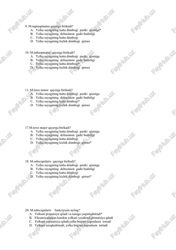 boǵi pastki qismiga b. yelka suyagining deltasimon gadir budirligi c. yelka suyagining katta dómboǵi d. yelka suyagining kichik dómboǵi qirrasi* 18. m.subscapularis qayerga birikadi? a. yelka suyagining katta dómboǵi pastki qismiga b. yelka suyagining deltasimon gadir budirligi c. yelka suyagining katta dómboǵi d. yelka suyagining kichik dómboǵi qirrasi* 20. m.subscapularis funkciyasin ayting? a. yelkani pronatsiya qiladi va tanaga yaqinlashtiradi* b. fiksatsiyalangan kurakta yelkani yozdiradi,pronatsiya qiladi c. yelkani supinatsiya qiladi,yelka bóǵimi kapsulasin tortadi d. yelkani uzoqlashtiradi, yelka bóǵimi kapsulasin tortadi 21.m.supraspinatus funkciyasin ayting? a. yelkani pronatsiya qiladi va tanaga yaqinlashtiradi b. fiksatsiyalangan kurakta yelkani yozdiradi,pronatsiya qiladi c. yelkani supinatsiya qiladi,yelka bóǵimi kapsulasin tortadi d. yelkani uzoqlashtiradi, yelka bóǵimi kapsulasin tortadi* 22.m.infraspinatus funkciyasin ayting? a. yelkani pronatsiya qiladi va tanaga yaqinlashtiradi b. fiksatsiyalangan kurakta yelkani yozdiradi,pronatsiya qiladi c. yelkani supinatsiya qiladi,yelka bóǵimi kapsulasin tortadi* d. yelkani uzoqlashtiradi, yelka bóǵimi kapsulasin tortadi 23.m.teres minor funkciyasin ayting? a. yelkani pronatsiya qiladi va tanaga yaqinlashtiradi …