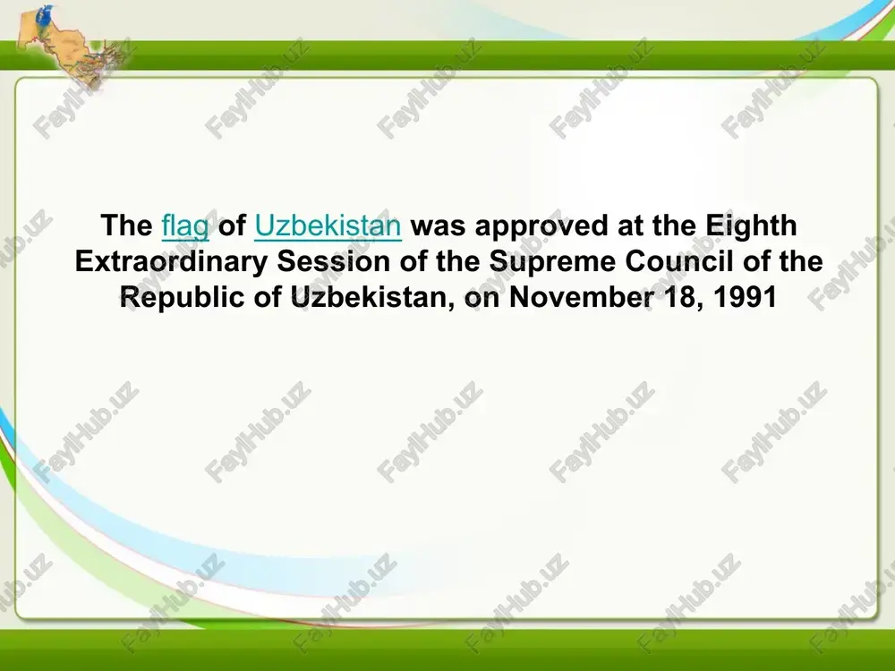 thful crescent moon is connected with our historical traditions. at the same time it is a symbol of the independence which we have obtained. 6. stars are considered a spiritual, divine symbol for all nations. the 12 stars depicted on the state flag of the republic of uzbekistan are also directly connected with our historical traditions, with the ancient calendar-cycle of the sun. our attention to the 12 stars is also explained by the development of astronomy in the scientific thought of the ancient states within the borders of uzbekistan. it is necessary to understand the depiction of 12 stars on our state flag as a symbol of the antiquity of the culture of the uzbek people, its maturity and the striving for happiness in its land. emblem of uzbekistan the state emblem of uzbekistan was adopted on july 2, 1992. it is similar to the emblem of the previous …