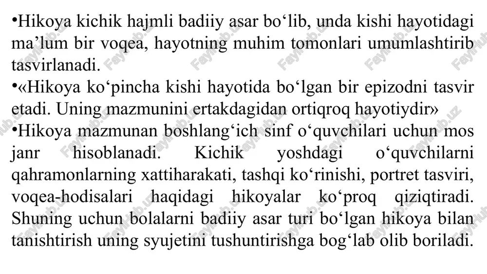 foydalaniladi. badiiy asarni tahlil qilishda syujetni to‘liq tushuntirishga berilib ketib, qahramonlarga tavsif berish, asar qurilishi va tilini tahlil qilish kabi ish turlari e’tibordan chetda qolmasligi lozim. ertak janriga xos matnlar jozibadorligi bilan bolani o‘ziga tortadi. lekin hikoya janri ham hayotiyligi bilan o‘ziga xos. hikoyada voqealar tez rivojlanib boradi. unda inson hayoti, u bilan bog‘liq hayotiy lavhalar bayon etiladi. o‘quvchilar qahramonlarning xarakteri, ulardagi xususiyatlar bilan qiziqadilar. masalan, 3-sinf «o‘qish kitobi»dagi «olma» (malik murodov), «ilmli ming yashar» (nurmat maqsudiy), «xazonchinak» (o‘.hoshimov), «qo‘shterak» (a.irisov)va boshqa qiziqarli hikoyalar berilgan. ular mavzu jihatdan xilma-xil bo‘lib, qahramonlarining xarakter-xususiyatlari bilan ham farq qiladi. hikoya biror bir davr bilan bog‘liq bo‘ladi. o‘quvchilar qahramonlarning ma`naviyatiga bo‘lgan qiziqishlari tufayli hayotning nurli va qorong‘i tomonlari xususida muayyan tushunchaga ega bo‘la boshlaydilar. ularda go‘zallik va nafosatga muhabbat, yovuzlikka nisbatan nafrat tuyg‘usi hikoyalar bilan tanishish va uni tahlil qilish davomida shakllanib boradi. masalan, 3-sinfda «jaloliddin manguberdi» hikoyasida chingizxon va uning qo‘shinlariga nisbatan nafrat …
