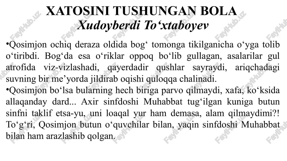 na qistab, «qo‘lingdan kelsa, o‘zing yozib ol», degan javob oldi. «men ekkan nihol» sarlavhali she’r bosilib chiqqan kuni gazeta maktabda qo‘lma-qo‘l bo‘ldi. hamma: «bu o‘zimizning qosimjonmi, voy qurmagur-ey. bundan tuzuk odam chiqadiganga o‘xshab qoldi-ku!» – degan gaplarni aytishdi. qosimjon kun bo‘yi, hatto darsda o‘tirib ham she’r yozdi, o‘chirdi, yana yozdi. tarix darsida qo‘lga ham tushib qoldi. – barmoqlaring bilan nimani sanayapsan? – so‘radi abdullayev. – yetti bo‘g‘in, – dedi qosimjon shoshib-pishib. keyin o‘quvchilar «gur» etib kulib yuborishdi. u noto‘g‘ri javob berganini sezib o‘zidan o‘zi uyalib ketdi. o‘qituvchi uning she’r yozib o‘tirganini ko‘rib she’rni darsdan keyin yozasan, deb ogohlantirdi. qosimjon bo‘lsa, xuddi eshitmagandek, uning ko‘zlariga tikilgancha jim turaverdi. – sen manman bo‘lib ketyapsan, – dedi-da, o‘qituvchi darsini davom ettirdi. ertasiga devoriy gazeta chiqdi. unda qosimjonning rasmini boplab chizishgan edi. yuzi osmonga qaragan, bo‘yni olmaning bandidek, burnini shunaqangi uzun cho‘zishibdiki, naq devoriy gazetadan chiqib ketay deb turibdi, rasmning ostiga «yosh shoir» deb …