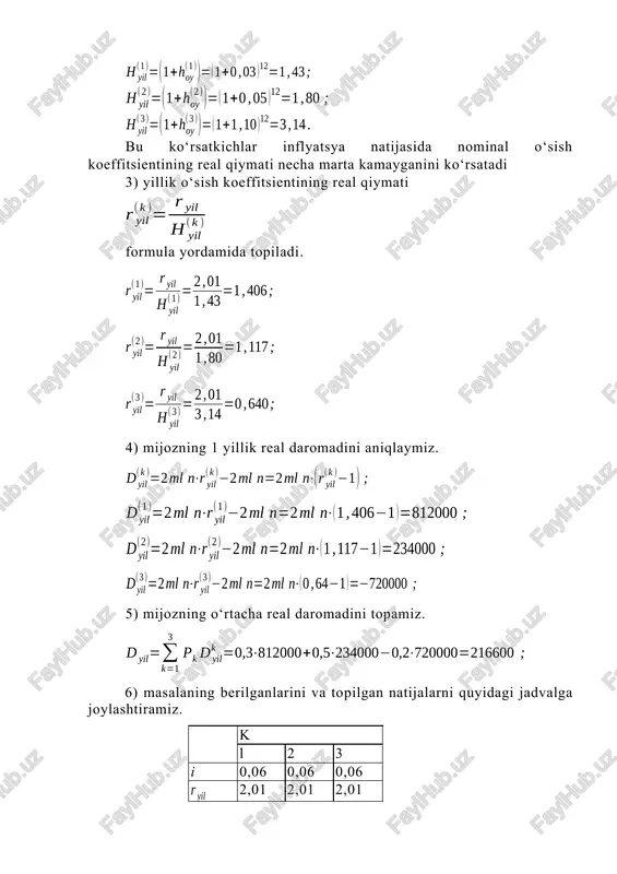 1,117 0,640 812 234 -720 javob. mijozning kutilgan real daromadi 216 600 so‘m. foiz stavkasini indeksasiya qilish. faraz qilaylik ko miqdordagi pul n oyga bank depozitiga j oylik murakkab foiz stavkasi bilan qo‘yilgan bo‘lsin. j=i/12 bu yerda: i- yillik nominal foiz stavkasi. bundan tashqari oylik inflyatsya sur`ati h birlikni tashkil qilsin, deb faraz qilamiz. ma`lumki, inflyatsya sur`ati nazarga olinmaganda n oyda ustama foiz hisobiga oshgan mablag` miqdori kn=k0(1+j)n qiymatga teng bo‘ladi. agar inflyatsya nazarga olinsa bu miqdorning real qiymati , (9) formula orqali topiladi. bu formuladan ko‘rinadiki, agar h=j bo‘lsa, u xolda jamg‘armaning dastlabki k0 qiymati saqlanadi, ya`ni kn=k0 bo‘ladi. arap h>j bo‘lsa, u holda kn<k0 bo‘ladi. demak, qo`yilma qiymati kamayadi. iqtisodiyotdagi bunday holat «kapitalning erroziyalanishi» deb ataladi. agar h<j bo‘lsa, u holda jamg‘armaning qiymati n oyda ma`lum bir miqdorga oshadi. bu miqdor rejalashtirilgan miqdorga teng bo‘lishini ta`minlash uchun dastlabki k0 jamg‘armani yoki foiz stavkasini indeksasiya qilinadi, ya`ni ularning qiymati …
