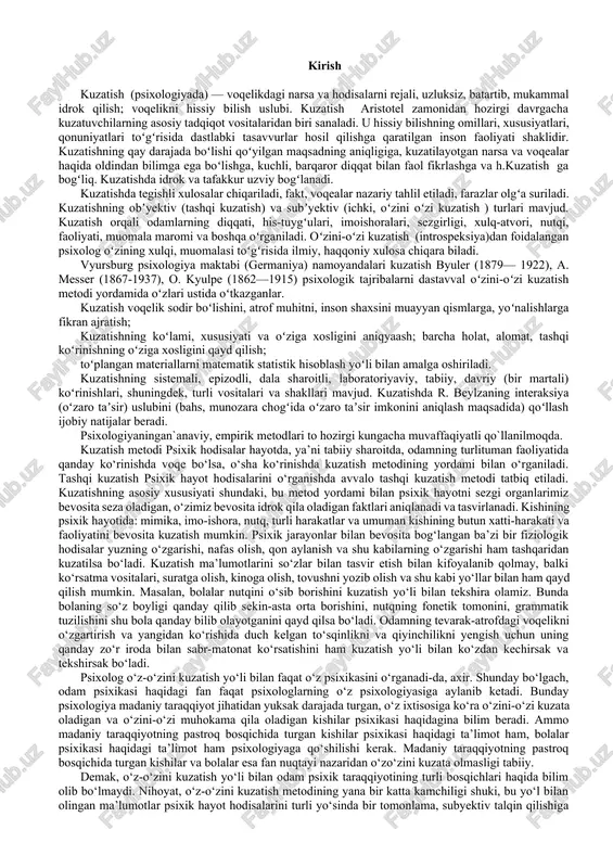 k statistik hisoblash yoʻli bilan amalga oshiriladi. kuzatishning sistemali, epizodli, dala sharoitli, laboratoriyaviy, tabiiy, davriy (bir martali) koʻrinishlari, shuningdek, turli vositalari va shakllari mavjud. kuzatishda r. beylzaning interaksiya (oʻzaro taʼsir) uslubini (bahs, munozara chogʻida oʻzaro taʼsir imkonini aniqlash maqsadida) qoʻllash ijobiy natijalar beradi. psixologiyaningan`anaviy, empirik metodlari to hozirgi kungacha muvaffaqiyatli qo`llanilmoqda. kuzatish metodi psixik hodisalar hayotda, ya’ni tabiiy sharoitda, odamning turlituman faoliyatida qanday ko‘rinishda voqe bo‘lsa, o‘sha ko‘rinishda kuzatish metodining yordami bilan o‘rganiladi. tashqi kuzatish psixik hayot hodisalarini o‘rganishda avvalo tashqi kuzatish metodi tatbiq etiladi. kuzatishning asosiy xususiyati shundaki, bu metod yordami bilan psixik hayotni sezgi organlarimiz bevosita seza oladigan, o‘zimiz bevosita idrok qila oladigan faktlari aniqlanadi va tasvirlanadi. kishining psixik hayotida: mimika, imo-ishora, nutq, turli harakatlar va umuman kishining butun xatti-harakati va faoliyatini bevosita kuzatish mumkin. psixik jarayonlar bilan bevosita bog‘langan ba’zi bir fiziologik hodisalar yuzning o‘zgarishi, nafas olish, qon aylanish va shu kabilarning o‘zgarishi ham tashqaridan kuzatilsa bo‘ladi. …
