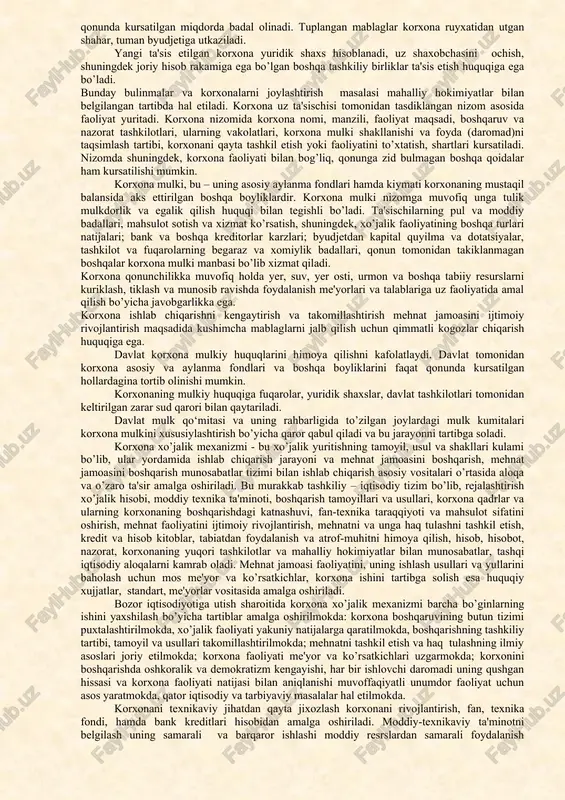 erishishdir. bu vazifani amalga oshirish yulida korxona quyidagilarga erishishi lozim: ishlab chiqarishning rivojlanishi va samaradorligi ortishi; uni har tomonlama jadallashtirish, fan-texnikani tarakkiy ettirish, mehnat unumdorligini oshirish, resurslarni tejash, foydani ko’paytirish; jamoani ijtimoiy jihatdan rivojlantirish, ijtimoiy sohaning zamonaviy moddiy asosini shakllantirish, yuqori unumdor mehnat uchun imkoniyatlar yaratish, mehnatga qarab taqsimot tamoyilini amalga oshirish, atrof muhitni himoya qilish va yaxshilash; mehnat jamoasining uz-o’zini boshqarish, har bir ishlovchini davlat, jamoa, xususiy mulkdan xaqqiy mulkdor sifatida foydalanishga kiziktirish, shuningdek, ularda jamoa va davlat ishlariga qiziqish uygotish. korxona, odatda, mulk egasi yoki uning vakili bo’lgan tashkilot, korxona, muassasa qarori bilan, yo bulmasa, jamoa qarori bilan ta'sis etiladi. korxona mulki egasi rozi bo’lgan holda va korxona tomonidan avval olingan majburiyatlarni bajargan holda, tashkilotlarning bir yoki bir necha bulinmasi shu bulinma jamoasi qarori bilan ajralib chiqishi mumkin. korxonani ta'sis etish va uning faoliyatini yuritish uchun yer maydoni ajratish, zarur bo’lgan holda tabiiy resurslardan foydalanish uchun ruxsat tuman …