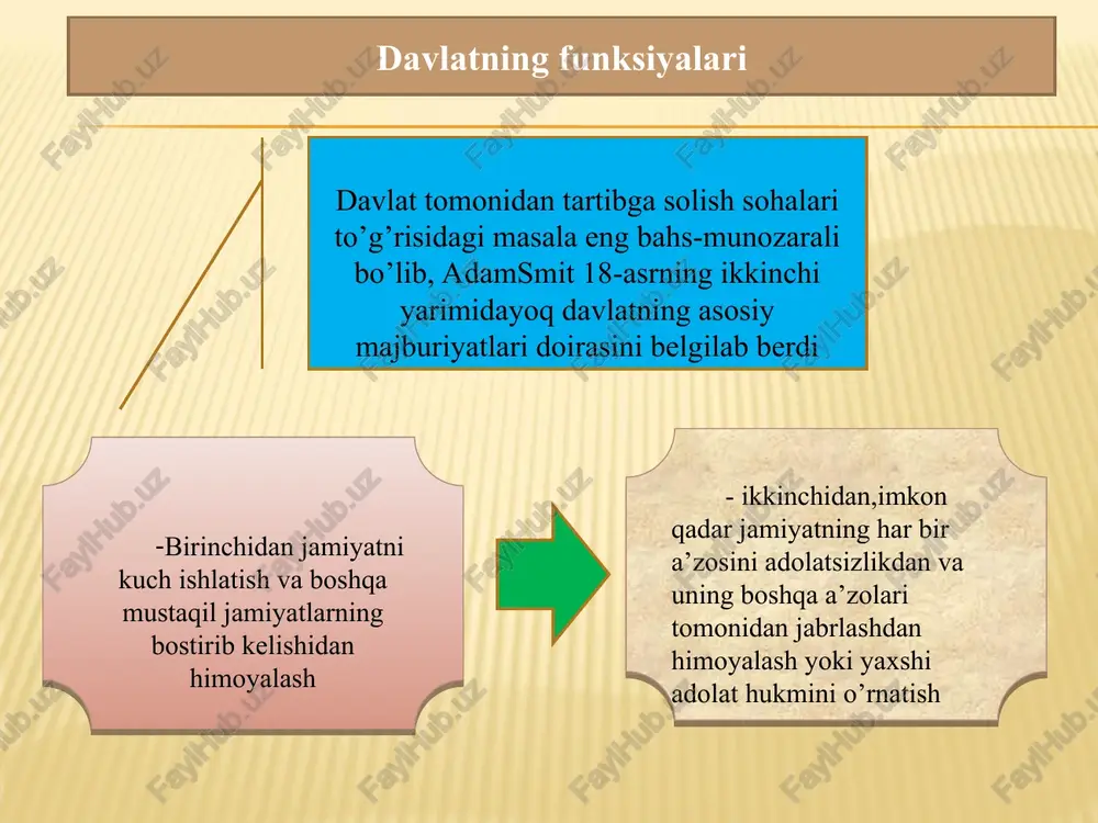 varlar va xizmatlar sifatini o’lchash xarajatlarini pasaytirish imkonini beradi. 3 o’lchash va tortish standartlarini ishlab chiqish: 4 tovarlar va xizmatlar bilan jismoniy almashish tarmoqlari mexanizmlarini barpo etish bozor infratuzilmasi nafaqat axborot bilan almashish tarmoqlarini balki tovarlar va xizmatlarning jismoniy harakatlanish tarmoqlarini o’z ichiga oladi; 5 huquqni muhofaza qilish faoliyati va nizolarda 3-tomon rolini bajarish: shartnomalarni bajarishda kutilmagan holatlarning paydo bo’lishi shartnoma tomonlarining ulardan opportunistik foydalanishidan kafolatlash uchun 3-tomon sudning aralashuvi talab etiladi. 6 sof ijtimoiy farovonlikni yaratish «chiptasiz» muammosini keltirib chiqaradi,bu uni moliyalash uchun davlat tomonidan majburlov choralaridan foydalanishni talab etadi yangi institutsional nazariya vositalariga tayanib, davlatni shakllantirish va rivojlantirish bosqichlarini tadqiq etgan holda, davlatni boshqarishning asosiy sohalarini tanlashning institutsional sabablarini aniqlash mumkin bo’ladi davlatning institutsional tabiati kelishuvlar va almashinuvning barcha shakllari o’z-o’zidan avtomatik tarzda yuz bergani yo’q. iqtisodiy tarixning katta qismida mayda ishlab chiqarish va mahalliy savdo-sotiq jarayonida tomonlarning individuallashgan munosabatlari bilan tasniflanuvchi almashuv xili ustunlik qiladi. davlatning rivojlanishining …