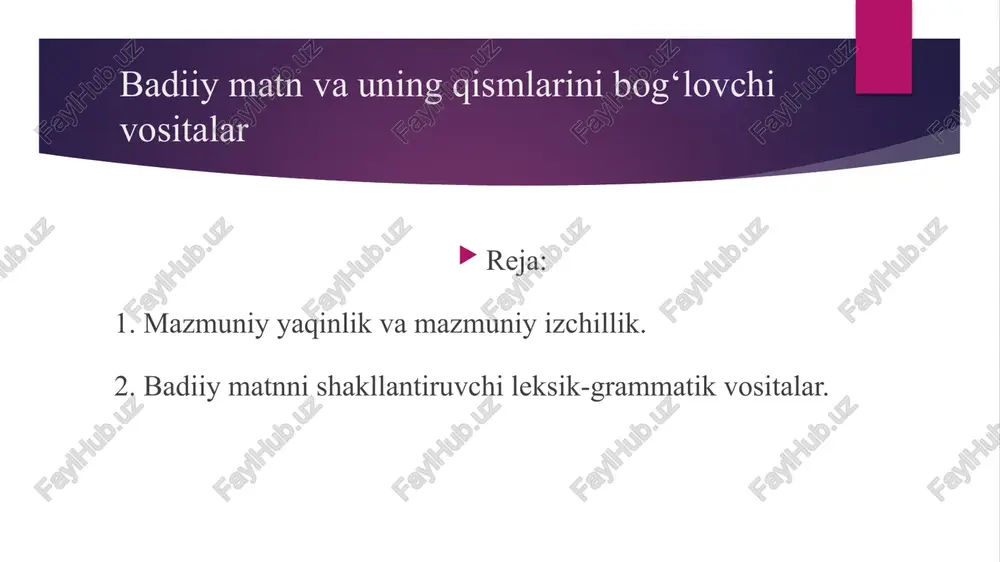 tib boradi. mazkur gaplardan matnning so‘z va uning mas’uliyati haqida ekanligini payqash qiyin emas. lekin fikrning to‘g‘ri, tugal va oson anglanishi uchun mazmun yaqinligining o‘zi yetarsiz. bu gaplar yig’inidagi mazmun izchilligining buzilganligi tufayli matn butunligiga putur yetgan. endi mazkur gaplarni qayta terib chiqamiz: maktab o‘qituvchisining so‘zi o‘ttiz bolaga yetib boradi. dorilfunun domlasining so‘zi yuz talabaga yetib boradi. notiqning so‘zi ming tinglovchiga yetib boradi. qalamkashning so‘zi bir yo‘la o‘n ming, yuz ming kitobxonga yetib boradi. demak, uning so‘z mas’uliyati ham boshqalarnikidan ming hissa ortiqroqdir. .(0’. hoshimov) matn komponentlari o‘zaro kontakt va distant aloqaga kirishadi. oradan uch-to‘rt kun vaqto‘tdi. bolaga telefonimni bergan edim. qo‘ng‘iroq qilmadi. bir kuni yana uyushmaga kelsam, xuddi o‘sha kitob do‘koni oldida turibdi (sh.xolmirzayev). bu matnda birinchi va ikkinchi, ikkinchi va uchinchi, uchinchi va to‘rtinchi gaplar orasidagi aloqani kontakt (masofasiz) aloqa, birinchi va ushinchi, birinchi va to‘rtinchi gaplar orasidagi aloqani distant (masofali) aloqa deymiz. badiiy matn qismlarini bog‘iashda quyidagi …