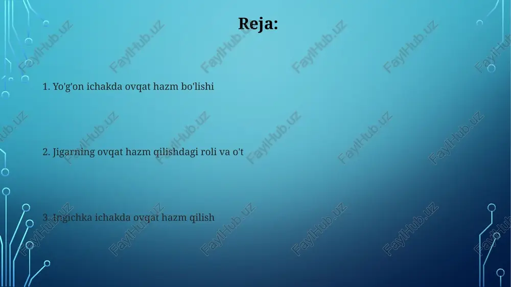 onukleaza va dezoksiribonukleaza kabi fermentlarni o'z ichiga oladi, ular rnk va dnk ni mos ravishda nukleotidlar va boshqa kichikroq komponentlarga parchalashda ishtirok etadi. amilaza kraxmal kabi karbonsuvlarni dekstrinlar va maltozaga aylantiradi; pankreatik lipaza triglitseridlarni yog 'kislotalari va monoglitseridlarga gidrolizlaydi hamda to'liq hazm qilishni ta'minlaydi. o't (safro) - o't kislotalari, xolesterin va bilirubin oʻt kislotalari xolesterindan sintezlanib, yog'larni so'rilishini yaxshilaydi (soatiga 40 ml) va lipidlar bilan birga o't pufagida konsentratsiyalanishi oshiradi, ularning miqdori 14-16 litrgacha yetishi mumkun. bilirubin gemoglobin parchalanishidan hosil boʻlib, oʻtga rang beradi, uning miqdori oshganda sariqlik rivojlanadi, zardobda to'g'ri va bilvosita bilirubinni aniqlash diagnostik ahamiyatga ega. o'tning (safro) fiziologik ahamiyati oʻt tarkibida xolesterin, yogʻ kislotalari va fosfolipidlar mavjud boʻlib, ichakda yogʻlar soʻrilishini jadallashtiradi hamda yog'da eruvchi vitaminlar ta'minoti uchun zarur. oʻt tarkibidagi oʻt kislotalari yogʻlarning mayda emulsiyalarini hosil qilib, ularning hazmini yengillashtiradi, shu orqali yogʻlarni suvda eriydigan holatga oʻtkazish uchun zarur. ingichka ichakda hazm bo'lish ingichka ichakda yog'larning …