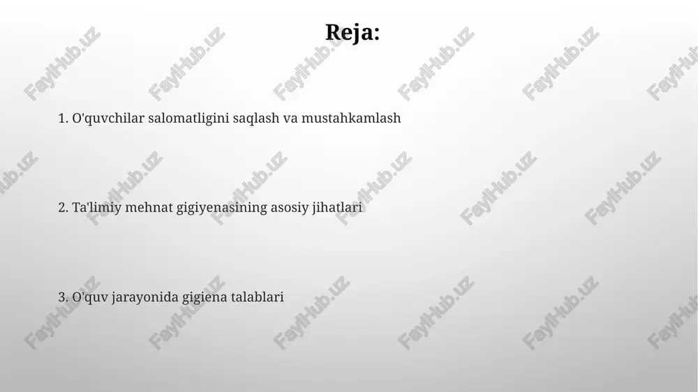 ini mustahkamlaydi va kognitiv funksiyalarni yaxshilaydi. ergonomika va o'quv qurollari yozuv qurollari, masalan, ruchka yoki qalamning diametri 7-8 mm bo'lishi maqsadga muvofiq. bu yozuv jarayonida mushaklarning zo'riqishini kamaytiradi va qulaylikni oshiradi. kitob o'qishda ko'z bilan kitob orasidagi masofa kamida 30-35 sm bo'lishi kerak, kitob ushlagichlaridan foydalanish esa boshning egilishini kamaytiradi va bo'yin og'rig'ini oldini oladi. ko'rish gigiyenasi 10-20-10 qoidasi ko'rish gigiyenasining muhim qismi bo'lib, har 20 daqiqada ekranga qaragandan so'ng, 10 soniya davomida 10 fut uzoqlikdagi narsaga qarashni anglatadi, bu ko'z zo'riqishini kamaytiradi. ko'rish gigiyenasi 20/20 ko'rish qobiliyatini saqlashni o'z ichiga oladi, bunda ko'zlar 6 metrdan uzoqdagi narsalarni aniq ko'radi, bu esa ideal yoritish va ekran vaqtini cheklash orqali amalga oshiriladi. yoritish va shamollatish xonalarda karbonat angidrid (co2) konsentratsiyasi 1000 ppm dan oshmasligi kerak, aks holda diqqatni jamlash qobiliyati pasayadi va bosh ogʻrigʻi kabi salbiy oqibatlar kelib chiqishi mumkin. xonalarning tabiiy yoritilishi yetarli boʻlishi, yorugʻlik koeffitsienti (yk) kamida 1,5% boʻlishi …