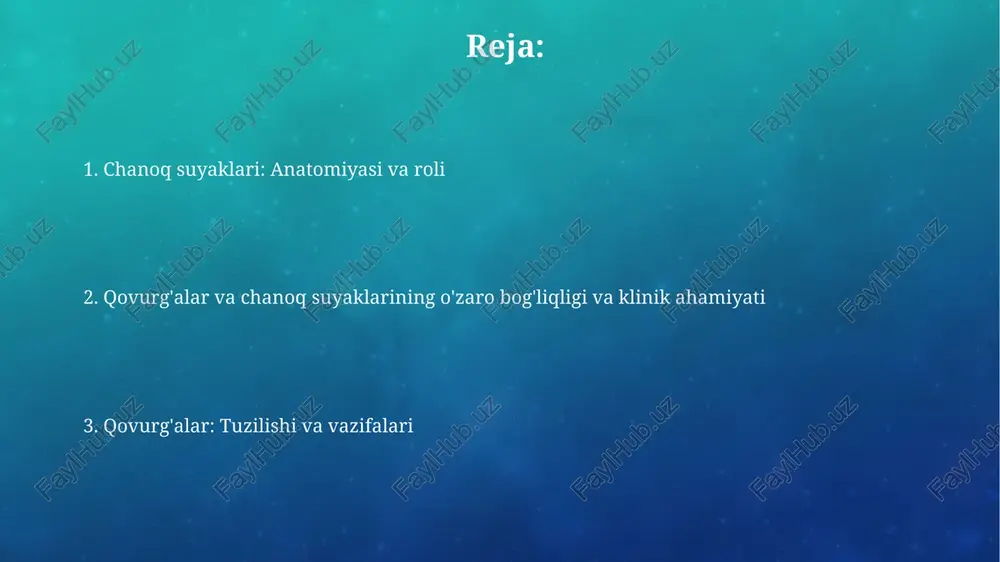 i (ischium) chanoq suyagining pastki va orqa qismini tashkil etadi, unda quymich do'mbog'i (ischial tuberosity) joylashgan bo'lib, o'tirishda tana vaznini ushlab turishga yordam beradi. yonbosh suyagi (ilium) tananing eng yuqori qismi bo'lib, umurtqa pog'onasining 5 ta bel umurtqasi va dumg'aza bilan bog'lanib, chanoq halqasining yuqori qismini hosil qiladi. qovurg'alar: tuzilishi va vazifalari yuqori 7 juft qovurg'alar (haqiqiy qovurg'alar) to'g'ridan-to'g'ri to'sh suyagiga tog'ay orqali birikadi, 8-10 juftlari esa bevosita birikmaydi, balki 7-qovurg'a tog'ayiga birikadi. har bir qovurg'a bosh, bo'yin, do'mboqcha va tanadan iborat. qovurg'a do'mboqchasi umurtqa pog'onasining ko'ndalang o'simtasi bilan qo'shilib, bo'g'im hosil qiladi. qovurg'a va chanoq suyaklarining jarohatlari va kasalliklari chanoq suyagi sinishlari, masalan, 'malgen' sinishi, jiddiy qon ketishiga olib kelishi mumkin, ko'pincha jarrohlik aralashuvini talab etadi va uzoq muddatli reabilitatsiya zarur bo'ladi. qovurg'a sinishlari ko'pincha o'tkir og'riq bilan kechadi, ayniqsa nafas olishda, 5-9 qovurg'alar shikastlanishga ko'proq moyil, pnevmo yoki gemotoraks kabi asoratlar xavfini oshiradi. diagnostika usullari (rentgen, kt, mrt) …
