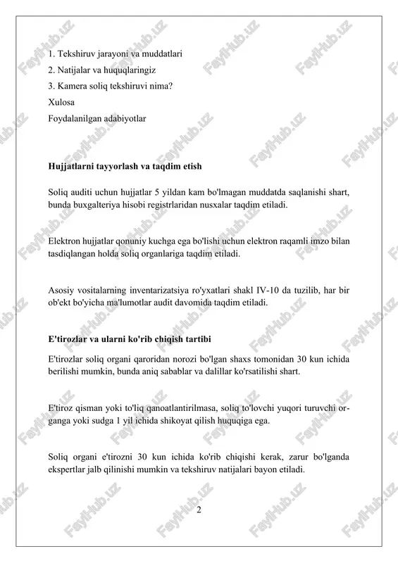 kshiruvi natijasida aniqlangan 5 million so‘mdan ortiq qoidabuzarliklar bo‘yicha soliq organlari tomonidan tegishli choralar ko‘riladi va bu 15 kun ichida amalga oshirilishi shart. tekshiruvning vazifasi – tashkilotlar tomonidan 10 dan ortiq soliq va yig‘imlar bo‘yicha hisobotlarning to‘g‘riligini, shuningdek, ularning 25 dan ortiq moliyaviy operatsiyalarini o‘rganishni o‘z ichiga oladi. xulosa va tavsiyalar xulosa va tavsiyalar soliq tekshiruvi dalolatnomasining muhim qismi bo'lib, u 30 kun ichida javob xati bilan birga soliq organiga taqdim etiladi, aks holda 15% jarima qo'llanilishi mumkin. xulosa qismi soliq tekshiruvi natijalarining qisqacha bayoni, aniqlangan kamchiliklar (misol uchun, 25% qo'shilgan qiymat solig'i to'lanmagan) va ularning moliyaviy oqibatlarini (10 million so'm jarima) o'z ichiga oladi. tavsiyalarda kelgusida soliq qonunchiligiga rioya qilish uchun aniq choralar ko'rish, jumladan, 2 nafar xodimni soliq hisobotini yuritish bo'yicha o'qitish va ichki nazoratni kuchaytirish taklif etiladi. tekshiruv natijalari bo'yicha dalolatnoma tuzish dalolatnoma kamchiliklar aniqlanganda, soliq tekshiruvi davomida topilgan har bir qoidabuzarlik uchun aniq modda va bandlarni …