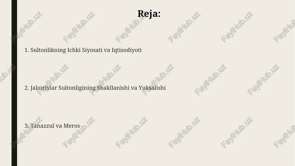 n. merosi va ahamiyati jaloiriylar davlati oltin o'rda bilan munosabatlarda siyosiy muvozanatni saqlashga harakat qilib, 1357-yilda o'rdaning ta'sirini biroz susaytirdi va mustaqillik sari yo'l ochdi. iqtisodiy jihatdan jaloiriylar savdo yo'llarini nazorat qilish va hunarmandchilikni rivojlantirish orqali davlat xazinasini to'ldirishga erishdilar, bu esa ularning qudratini oshirdi. san'at va madaniyatda, ayniqsa, me'morchilikda, ilxoniylar davrining an'analarini davom ettirib, o'ziga xos uslubni yaratdilar, bu esa islom dunyosida o'ziga xos meros qoldirdi. hududiy kengayishi va siyosiy tuzilishi ma’muriy jihatdan, hudud viloyatlarga (viloyatlarga) boʻlingan boʻlib, ularni sulton tomonidan tayinlangan amirlar boshqargan, ular soliq yigʻish va tartibni saqlash kabi vazifalarni bajargan. jaloyiriylar davlati hududiy jihatdan xiv asrning oʻrtalarida eng yuqori choʻqqisiga chiqdi, ozarbayjon, iroq va eronning gʻarbiy qismlarini oʻz ichiga olgan keng yerlarni qamrab oldi. siyosiy tuzilma jihatidan, jaloyiriylar sultonligi markazlashgan monarxiya edi, sulton davlat boshlig'i va oliy hokimiyat egasi hisoblangan, uning hokimiyati meros bo'lib o'tgan. mashhur hukmdorlari va ularning yutuqlari sulton husayn i, xiv asr oxirida, …