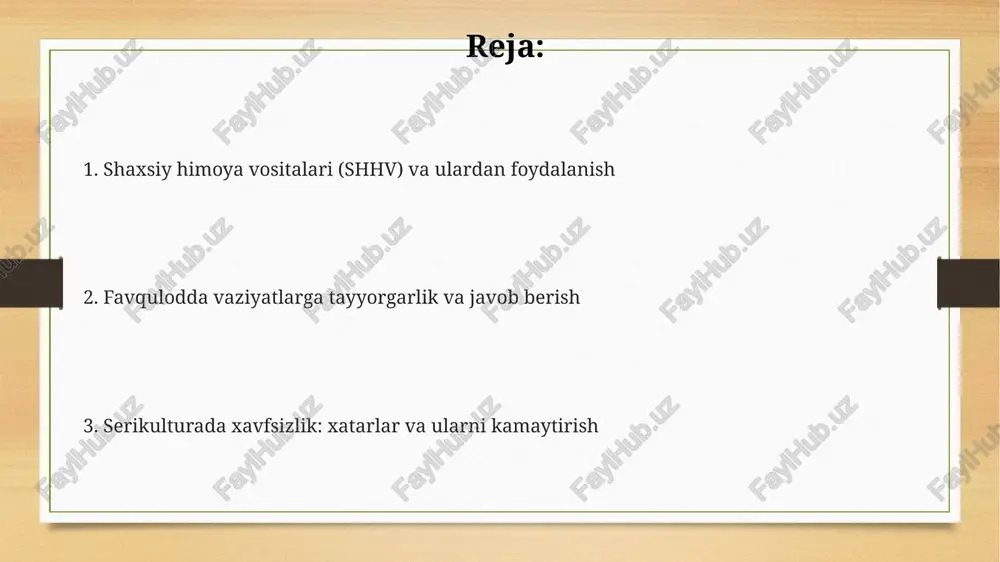 alari (ko'zoynak, qo'lqop)dan foydalanishi shart. kirish ba'zi "kirish" mashinalari yuqori shovqin darajasini (85 desibeldan yuqori) hosil qilishi mumkin, shuning uchun quloqchinlar yoki quloq tıqınları kabi eshitishni himoya qilish vositalaridan foydalanish kerak. "kirish"da pichoqlar yoki harakatlanuvchi qismlar mavjud bo'lishi mumkin, shuning uchun mashina bilan ishlashda qo'lqop kiyish va mashinani o'chirishdan oldin har doim to'xtashiga ishonch hosil qilish juda muhim. "kirish" jarayonida changning hosil bo'lishi mumkin, shuning uchun 0.5 mikronlik filtrlardan foydalanish, shuningdek, niosh tasdiqlangan n95 respiratorlaridan foydalanish muhimdir. zararkunandalar va kasalliklardan himoya ipak qurtlarining kasalliklariga qarshi kurashishda, yashiklar va tut barglarini 0.5% li xlor eritmasi bilan ishlov berish, mikroblarni yo'q qiladi va ularning sog'lig'ini saqlaydi. tut ipak qurtlarini zararkunandalardan himoya qilish uchun, 10% li formalinning eritmasi bilan dezinfeksiya qilish, kasallik tarqalishini oldini oladi va hosildorlikni oshiradi. zararkunandalarga qarshi kurashish uchun, ipak qurtlari yashaydigan joylarda muntazam ravishda 2-3 kun davomida tut barglarini tozalab turish, ularni himoya qiladi. ergonomika va jismoniy xavfsizlik serikulturada …