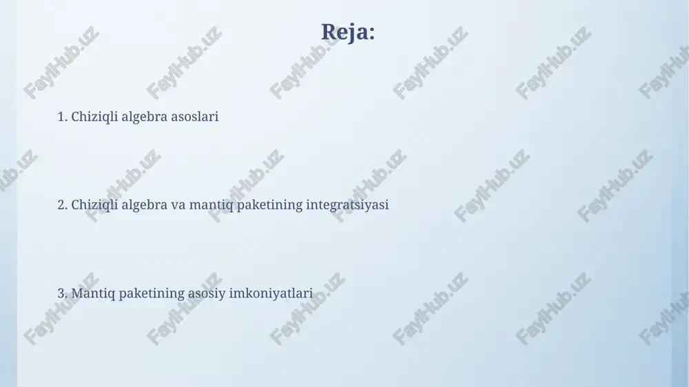 rish orqali yechimlarni topishga imkon beradi. yechimlar to'plami nol, bir yoki cheksiz yechimni o'z ichiga olishi mumkin; nol yechim, sistema mos kelmasligini, bir yechim esa yagona yechim mavjudligini bildiradi. teoremalar va isbotlash matematik induksiya usuli n natural sonlar uchun teoremalarni isbotlashda qo'llaniladi; bunda teorema n=1 uchun isbotlanadi, so'ngra n=k uchun to'g'ri deb faraz qilib, n=k+1 uchun isbotlanadi. teoremalar isbotlashda deduktiv usuldan foydalanish muhim, bu usul umumiy qoidalardan xususiy xulosalar chiqarishni o'z ichiga oladi, masalan, evklid geometriyasida 5 ta postulatlardan teoremalar kelib chiqadi. matritsalar va matritsa amallari matritsalarni qo'shish faqat bir xil o'lchamdagi matritsalar uchun amalga oshiriladi, mos elementlar qo'shiladi. masalan, (2x2) matritsa (2x2) matritsaga qo'shilishi mumkin, natija ham (2x2) matritsa bo'ladi. matritsani songa ko'paytirishda matritsaning har bir elementi shu songa ko'paytiriladi. misol uchun, 3 sonini (2x2) matritsaga ko'paytirishda matritsaning har bir elementi 3 ga ko'paytiriladi. vektorlar va vektor fazolari vektorlar fazosi - bu vektorlar deb ataladigan elementlardan iborat to'plam bo'lib, …