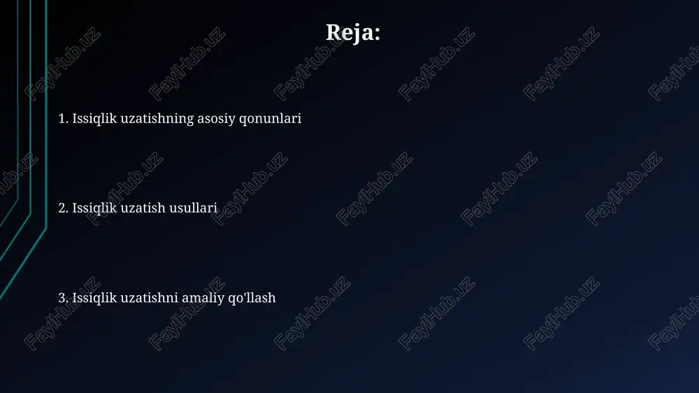 lib, issiqlik uzatishni yaxshilaydi. ular turli xil turlarda bo'ladi, jumladan, qobiq va trubka, plastinka va spiral issiqlik almashinuvchilari. ularning har biri 100 dan ortiq turdagi sanoatda qo'llaniladi, samaradorlik darajasi 95% gacha. konveksiya konveksiya issiqlik uzatish jarayoni bo‘lib, suyuqlik yoki gazning harakati orqali amalga oshiriladi. issiqroq molekulalar kamroq zichlikka ega, shuning uchun ular yuqoriga ko'tariladi, sovuqroq molekulalar esa pastga tushadi. tabiiy konveksiya zichlik farqi tufayli sodir bo'ladi, majburiy konveksiya esa fan yoki nasos kabi tashqi kuchlar ta'sirida yuzaga keladi. nusselt soni konveksion issiqlik uzatishning samaradorligini baholaydi. issiqlik o'tkazuvchanlik qattiq jismlarda issiqlik o'tkazuvchanlik atomlarning tebranishi (fononlar) va erkin elektronlarning harakati orqali amalga oshiriladi, bu jarayon molekulalar orasidagi kinetik energiya almashinuvini osonlashtiradi. issiqlik o'tkazuvchanlikning qiymati material turiga bog'liq; metallar yuqori issiqlik o'tkazuvchanlikka ega (misda 400 vt/mk), izolyatorlar esa past ko'rsatkichga ega (havoda 0.026 vt/mk). kirish va asosiy tushunchalar konveksiya suyuqlik yoki gaz ichida harakatlanuvchi oqimlar orqali issiqlik uzatishdir. issiq suyuqlik ko'tariladi, sovuqroq suyuqlik …