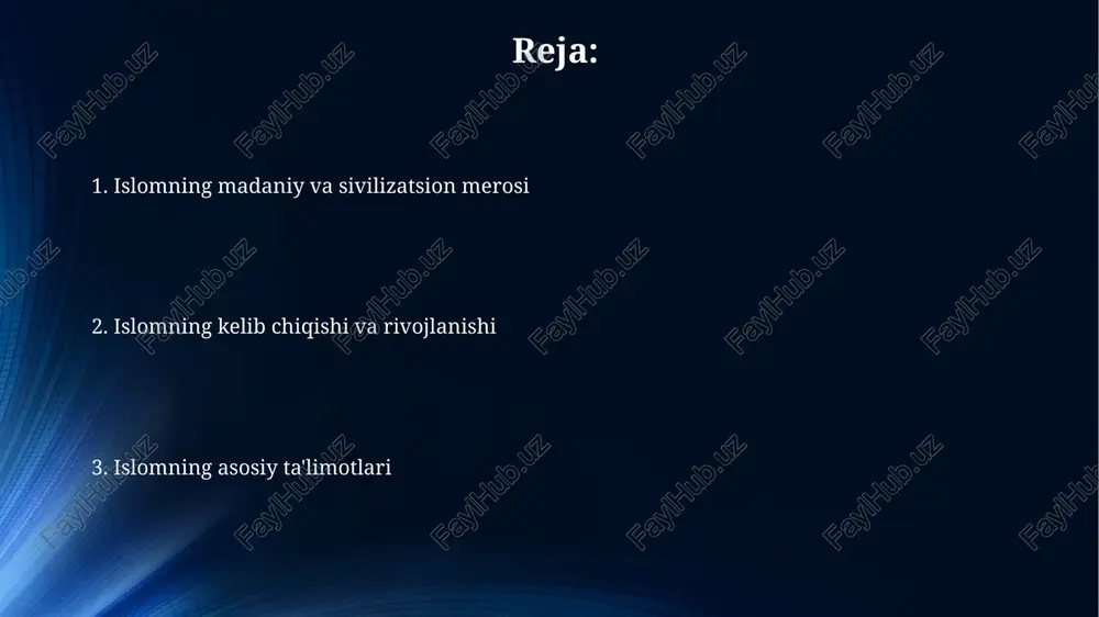 hissalari bilan ajralib turadi, ayniqsa 8-13 asrlarda, bu bilim rivojlanishida muhim rol o'ynadi. islom, taxminan 1.8 milliard izdoshlari bilan, nasroniylikdan keyin dunyodagi ikkinchi eng katta dindir, bu uning global ta'sirini ko'rsatadi. shariat: islom qonunchiligi shariatda "fiqh" muhim boʻlib, u islom huquqshunosligi boʻyicha 4 ta manbadan: qur'on, sunnat, ijmo' va qiyasdan foydalanish orqali huquqiy hukmlarni chiqaradi. shariatning asosiy boʻlimlari: ibodat (masalan, namoz, roʻza), muomalot (savdo, nikoh) va jinoyat huquqi boʻlib, har biri muayyan qoidalarga ega. payg'ambarning hayoti (muhammad sav) 622-yilda muhammad sav va uning sahobalari makka zulmidan qochib, madinaga hijrat qildilar, bu voqea islom taqvimi (hijriy taqvim) uchun asos bo'ldi. muhammad sav 632-yilda vafot etdilar. uning so'nggi xutbasi islom jamiyatining asosiy tamoyillari haqida bo'lib, tenglik, adolat va inson huquqlarini ta'kidlagan. islomning asosiy e'tiqodlari (aqida) oxiratga ishonish (qiyomat kuni) - islom aqidasining yakuniy ustunidir. unda insonlar qilgan amallari uchun jazolanadi yoki mukofotlanadi. islomning asosiy e'tiqodlaridan biri allohning yagonaligiga (tavhid) ishonishdir. bu allohning …
