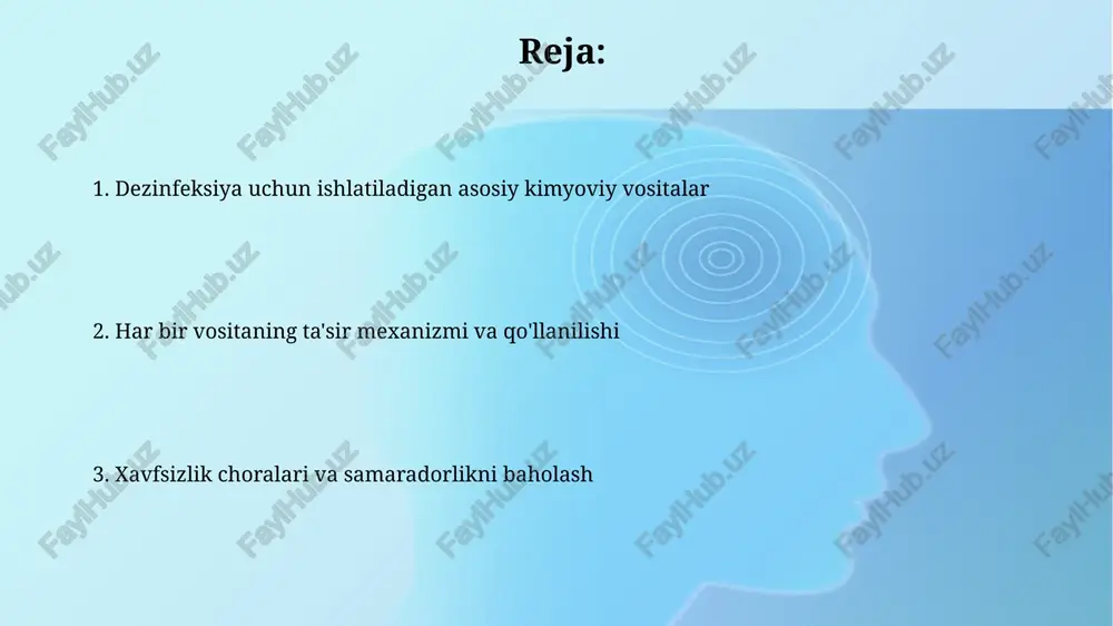 rga mos keladi, ammo ular ayrim viruslarga nisbatan 10-20 daqiqa ichida kamroq samarali bo'lishi mumkin. spirtlar spirtlar, masalan, 70% izopropil spirti yoki etanol, oqsillarni denaturatsiya qiladi va lipidlarni eritadi, bu esa ko'plab bakteriyalar va viruslarga qarshi samarali mikroblarga qarshi xususiyatlarni ta'minlaydi. spirtli ichimliklarning samaradorligi konsentratsiyaga bog'liq: 60% dan kam konsentratsiyalar suvning mavjudligi oqsillarning denaturatsiyasi uchun zarur bo'lganligi sababli kamroq samarali, 90% dan yuqori esa juda tez bug'lanib ketadi. xlor dioksidi xlor dioksidi 1940-yillardan beri ichimlik suvi va oqova suvlarni tozalashda qo‘llanilib kelinadi; u biofilmlarni yo‘qotishda va legionella bakteriyasini nazorat qilishda 0,5 ppm dozada samarali. clo2 suvda eriganida xlorli suv hosil qilmaydi; molekulyar shaklda saqlanib, 0,1 dan 10 mg/l konsentratsiyada ishlatilganda xavfsiz va suv ta’mini yaxshilaydi. aldegidlar aldegidlarning konsentratsiyasi, ta'sir qilish vaqti va harorat kabi omillar dezinfeksiya samaradorligiga ta'sir qiladi; odatda 10 daqiqadan bir necha soatgacha kerak bo'ladi. aldegidlarning dezinfeksiya ta'siri ularning oqsillar va nuklein kislotalari bilan qaytarilmas bog'lanishi, hujayra funktsiyalarini …