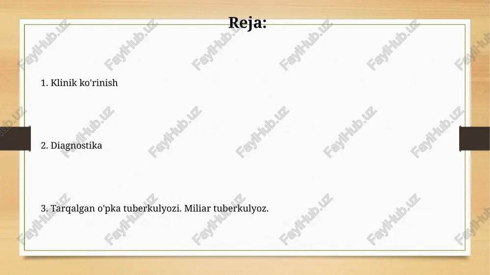 chadi. miliar tuberkulyoz - bu qon oqimi orqali tarqalgan, diametri 1-3 mm bo'lgan mayda, oq-sariq tuberkulyoz granulomalari bilan xarakterlanadigan o'pka va boshqa a'zolarning tarqalgan kasalligi. asoratlar asoratlar orasida pnevmotoraks kuzatilishi mumkin, bu esa o'pkada havo to'planib, nafas olishni qiyinlashtiradi va taxminan 10-15% hollarda ro'y beradi. bronxoektazlar, bronxlarning doimiy kengayishi, miliary silning asorati bo'lishi mumkin, bu esa surunkali yo'talga va 5-10% hollarda qon tupurishga olib keladi. epidemiologiya o'zbekistonda sil kasalligi darajasi yuqori bo'lib, har 100 000 aholiga 40-60 ta yangi holat to'g'ri keladi, bu global o'rtacha ko'rsatkichdan sezilarli darajada yuqori. tarqalgan o'pka sili, ayniqsa, oiv infektsiyasi bilan kasallangan bemorlarda ko'proq uchraydi, ularda sil kasalligi rivojlanish xavfi 20-30 marta yuqori. klinik ko'rinish: o'pka belgilari o'pka belgilari orasida yo'tal muhim ahamiyatga ega, bemorlarning 50-80% da kuzatiladi, dastlab quruq, keyin esa balg'amli bo'lishi mumkin, ayniqsa, kechki va ertalabki soatlarda kuchayadi. nafas qisishi (dispnoe) miliary tuberkulyozning asosiy klinik ko'rinishlaridan biri hisoblanadi, o'pka hajmining kamayishi va …