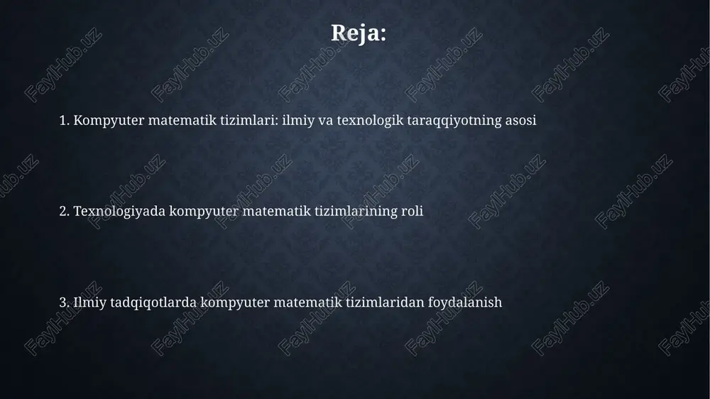 rish uchun cms ishlashi 50 barobar oshishi kutilmoqda. sun'iy intellekt bilan integratsiya tufayli, cms 2030-yilgacha muhandislik sohasidagi optimallashtirishni 75% ga yaxshilashi mumkin. ilmiy hisoblashlarda kompyuter matematik tizimlari zamonaviy tizimlar, masalan, matlab va mathematica, analitik yechimlarni topishda va vizualizatsiya qilishda yordam beradi, bu esa 1000lab ilmiy maqolalarning asosini tashkil etadi. ilmiy hisoblashlarda kompyuter matematik tizimlari 10^12 operatsiyani bir soniyada bajarib, murakkab modellarni, masalan, ob-havo prognozlarini aniqlik bilan hisoblaydi. kompyuter matematik tizimlarining afzalliklari va cheklovlari kompyuter matematik tizimlari hisoblash tezligini oshiradi, murakkab tenglamalarni soniyalar ichida yechadi, lekin ular dasturiy ta'minotdagi xatoliklar tufayli noto'g'ri natijalar berishi mumkin. kompyuter matematik tizimlari simulyatsiyalarni o'tkazishda muhim rol o'ynaydi, misol uchun, aerodinamik sinovlar, ammo simulyatsiya natijalari haqiqiy sharoitlardan farq qilishi mumkin. e'tiboringiz uchun rahmat image3.jpg image4.jpg image5.jpg image6.jpg image7.jpg image8.jpg image9.jpg