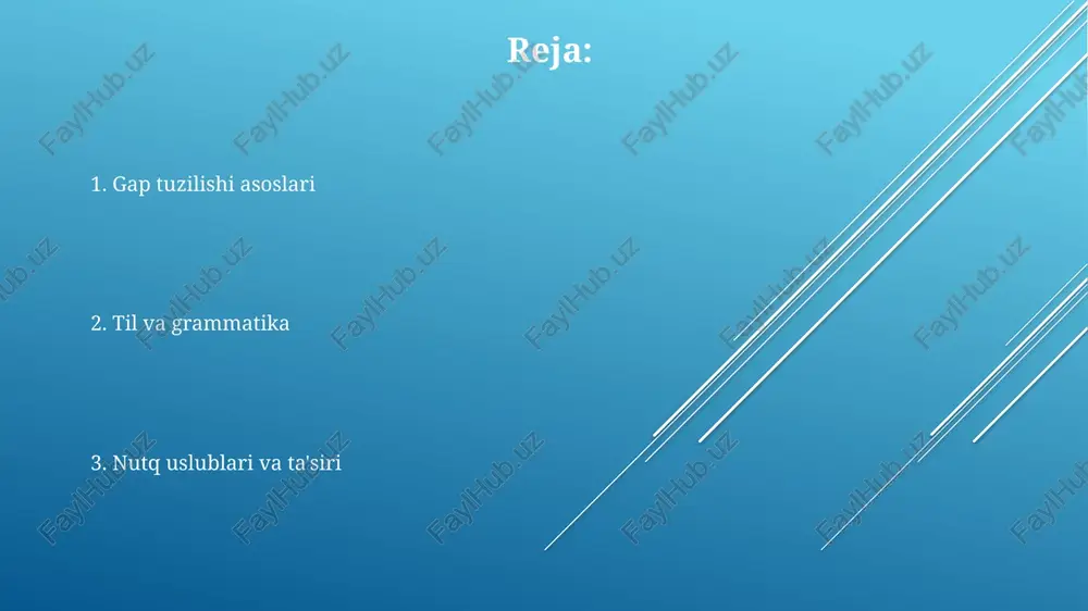 gapning bosh bo'laklari (ega va kesim) asosiy ma'noni ifodalaydi. qo'shimcha bo'laklar esa (to'ldiruvchi, hol, aniqlovchi) 3 xil ma'noni anglatadi va aniqlik kiritadi. gap tuzilishi asoslarida so'zlarning o'zaro munosabati, bog'lanishi muhim. predikat 1-o'rinda turadi, sub'ekt esa unga moslashadi, shu orqali grammatik tuzilish shakllanadi. nutqda gap tuzilishidan foydalanish gap tuzilishi uslubiy vosita sifatida ishlatiladi, masalan, inversiya, urg'u berish uchun, bu nutqning ta'sirchanligini taxminan 25-30% ga oshiradi va xabarni esda qolarli qiladi. nutqda gap tuzilishidan foydalanish, mantiqiy ketma-ketlikni ta'minlaydi, bu tinglovchilarning 70-80% ma'lumotni yaxshiroq tushunishiga yordam beradi, ayniqsa, murakkab tushunchalarni tushuntirishda muhim. sintaksis qoidalarga rioya qilish orqali aniqlik ta'minlanadi; noto'g'ri gap tuzilishi tushunmovchilikka olib kelishi mumkin, tadqiqotlar shuni ko'rsatadiki, noto'g'ri tuzilgan gaplar tushunishni 40% ga kamaytiradi. e'tiboringiz uchun rahmat