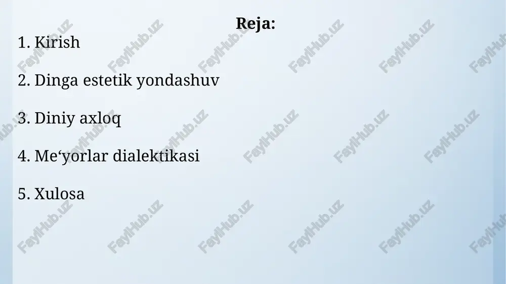 va ijtimoiy hayotda yo‘l ko‘rsatadi. diniy axloq. diniy axloq bu – halollik, poklik, sabr-toqat, kechirimlilik kabi fazilatlarni o‘z ichiga oladi. islomda bu jihatlar qur’on oyatlari va hadislar orqali keng yoritilgan. payg‘ambarimiz muhammad (s.a.v)ning hayoti axloqiy kamolot namunasi bo‘lib xizmat qiladi. diniy axloq shaxsning ichki dunyosini poklaydi va uni jamiyatda munosib inson bo‘lib yashashga undaydi. axloqiy qadriyatlar.axloqiy qadriyatlar bu – haqiqat, adolat, hurmat, mas’uliyat, fidoyilik kabi insoniyat uchun umumbashariy bo‘lgan tushunchalardir. dinda bu qadriyatlar juda muhim o‘rin egallaydi. ular nafaqat shaxsiy hayotda, balki ijtimoiy munosabatlarda ham tartibni ta’minlaydi. me'yorlar dialektikasi dialektika degani qarama-qarshiliklarda rivojlanish, o‘sish degani. diniy axloq va zamonaviy axloqiy me’yorlar ba’zida to‘qnash kelishi mumkin. masalan, zamonaviy dunyoda individual erkinlik muhim bo‘lsa, din ko‘proq jamiyat manfaatini ustuvor qo‘yadi. shunday vaziyatlarda muvozanatni topish, diniy qadriyatlarni hozirgi hayotga moslashtirish zarur bo‘ladi. bu yerda ongli yondashuv, tushunish va muloqot muhim. xulosa dinga estetik yondashish bizga ruhiy go‘zallikni, diniy axloq esa ma’naviy poklikni o‘rgatadi. …